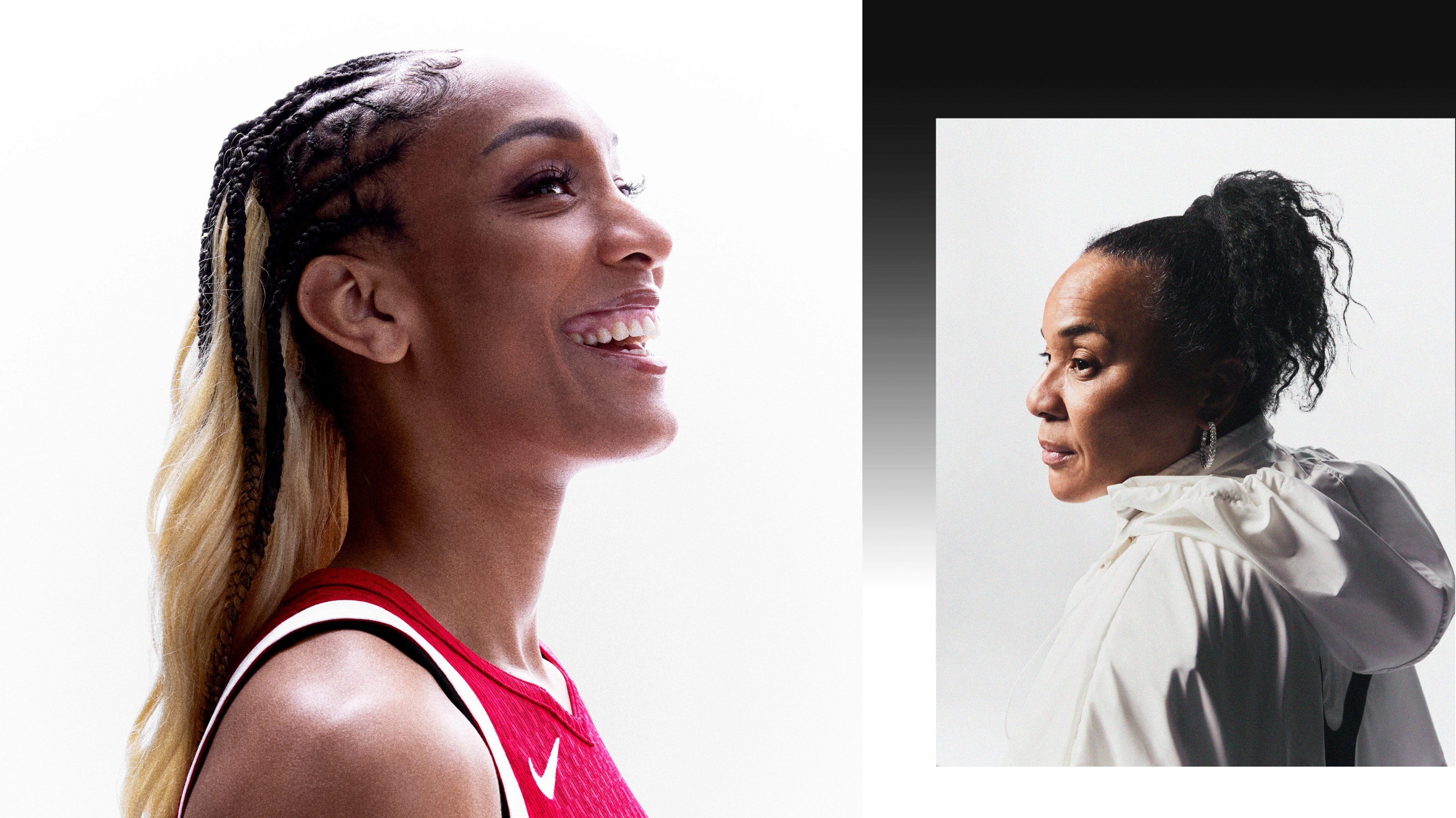 Side by side close up photos of A'ja Wilson and Dawn Staley. A'ja wears a red Nike Basketball jersey and smiles as she looks to the right. Dawn wears a white Nike jacket, silver hoop earing, an her hair in a high ponytail as she looks to the right.
