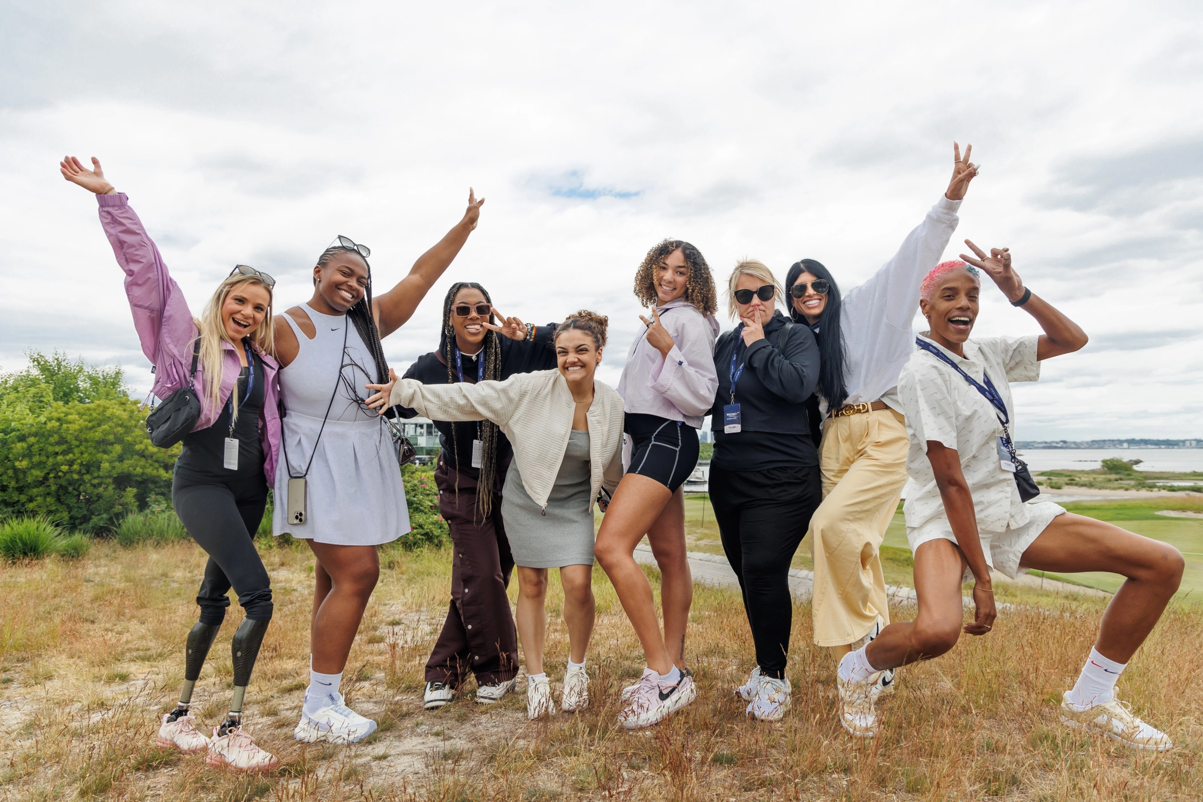 Members of the third Athlete Think Tank cohort Oksana Masters, Romane Dicko, Laurie Hernandez, Kiki Rice, Emma Hayes, Diljeet Taylor and Yulimar Rojas are pictured from left at an ATT summit in New York City. A Nike employee stands third from left.