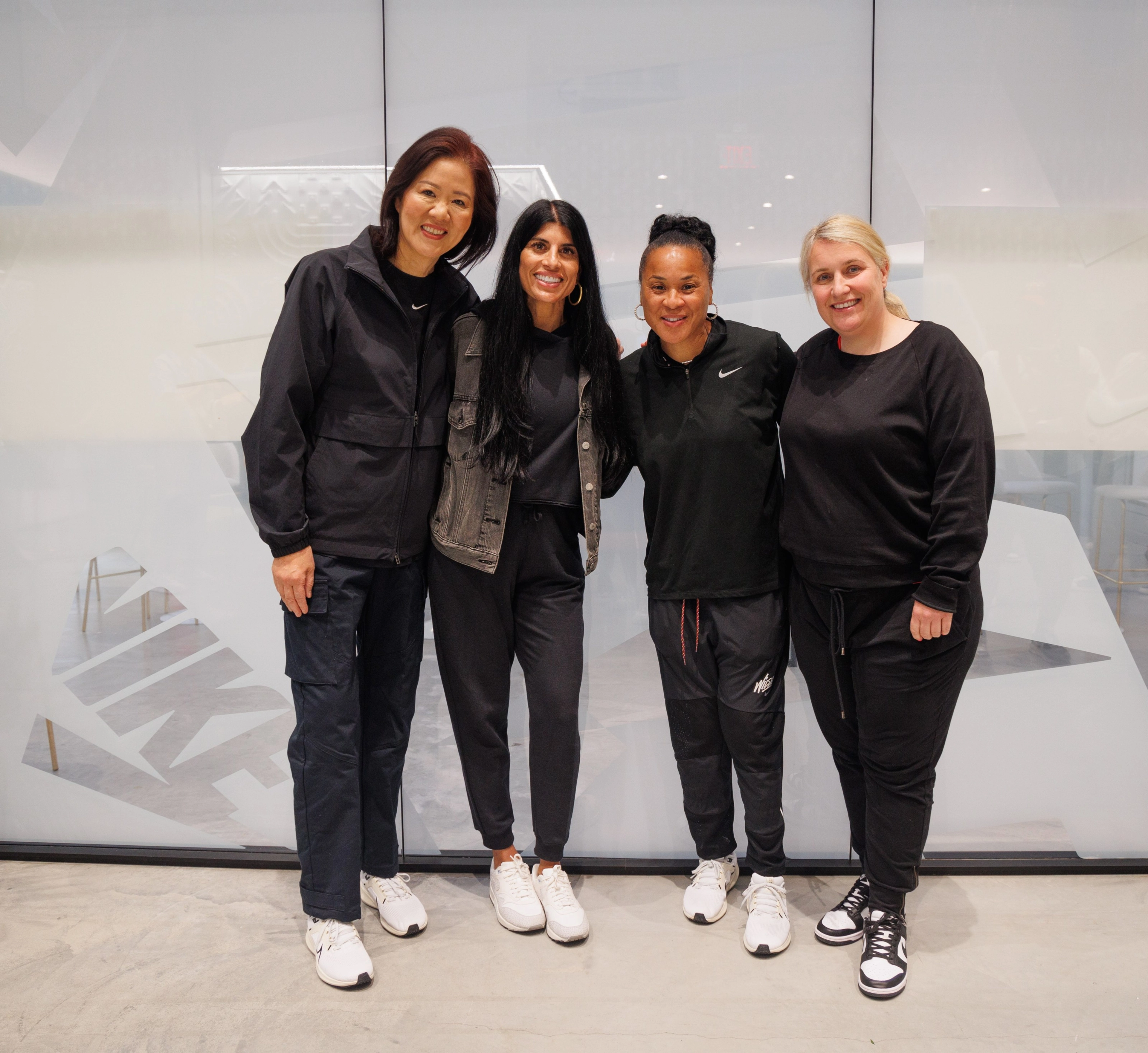 Coaches Jenny Lang Ping, Diljeet Taylor, Dawn Staley and Emma Hayes, all members of Athlete Think Tank’s third cohort, are pictured at an ATT summit in New York City