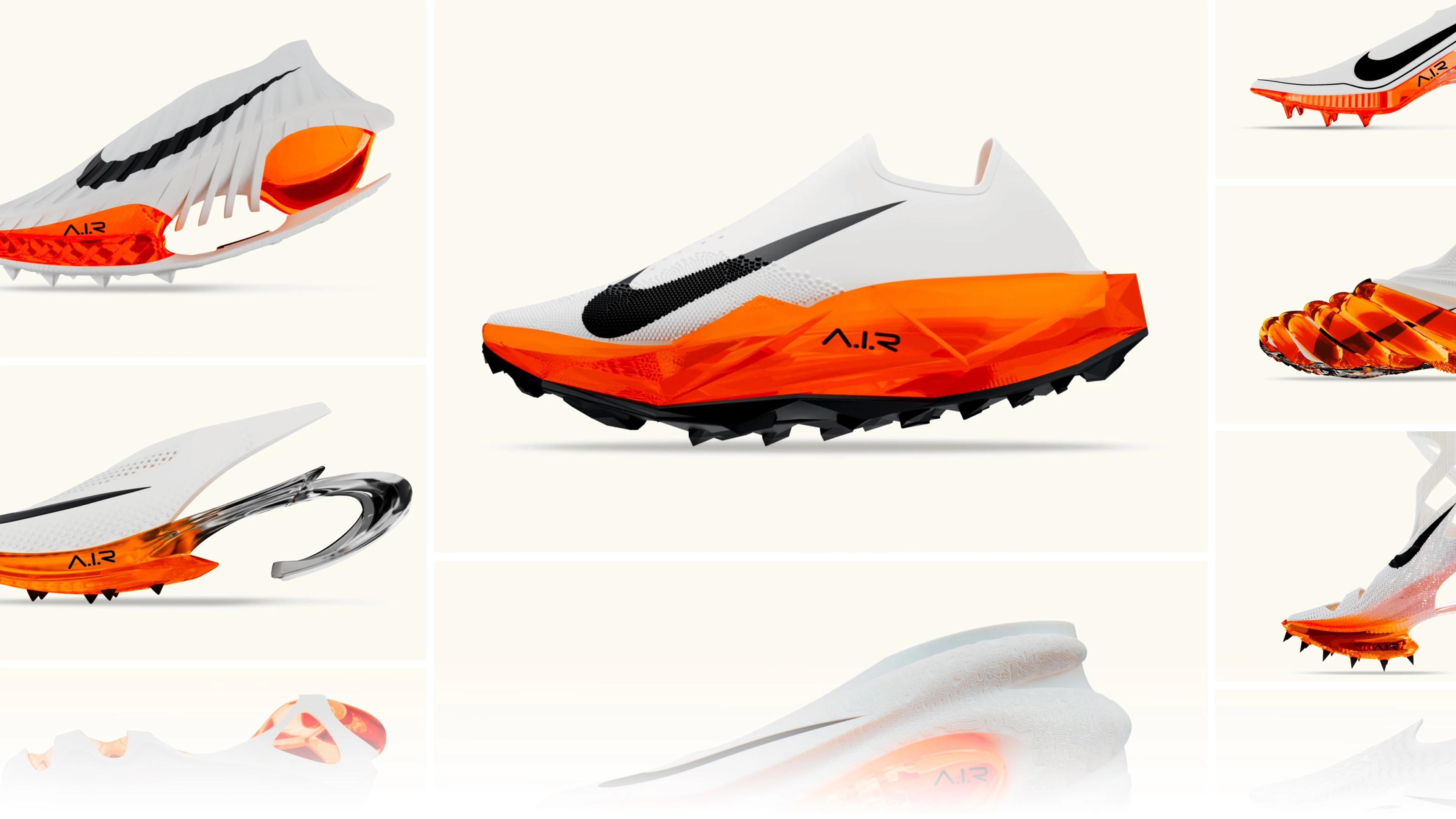 A collage of Nike Air prototypes in sail with a total orange air unit.