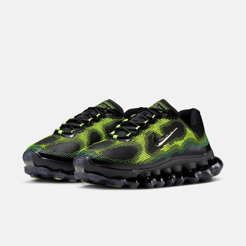 Nike Air Liquid Max Black Green Apple IQ7634-001 hero image showing poison dart frog inspired upper with chrome Swoosh and green nanoprint