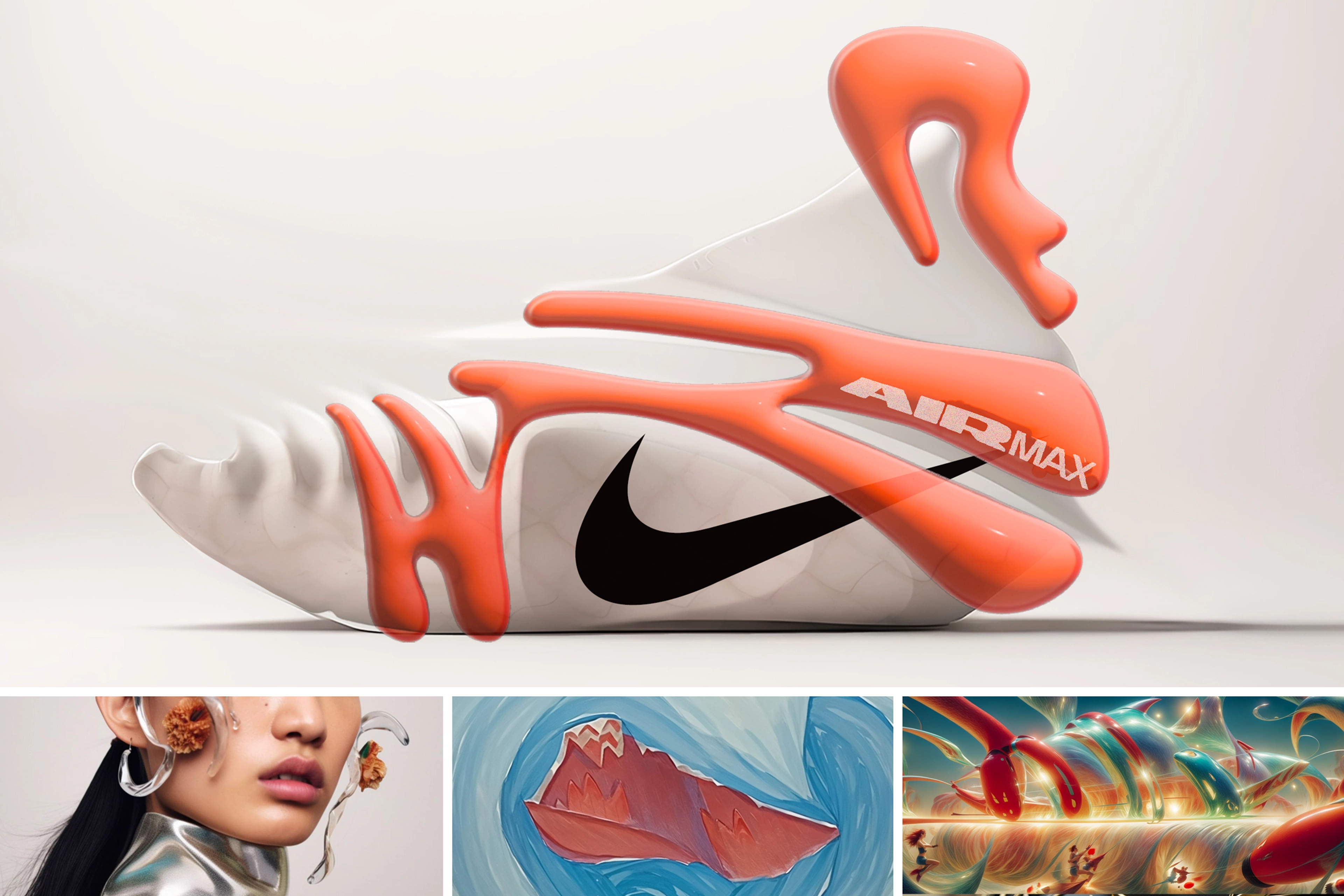 AI generated shoe concepts for tennis player Zheng Qinwen. Concept images include a white shoe with orange lining wrapping around it as well as other abstract images that were shaped by emotions associated with Qinwen like happiness and playfulness.