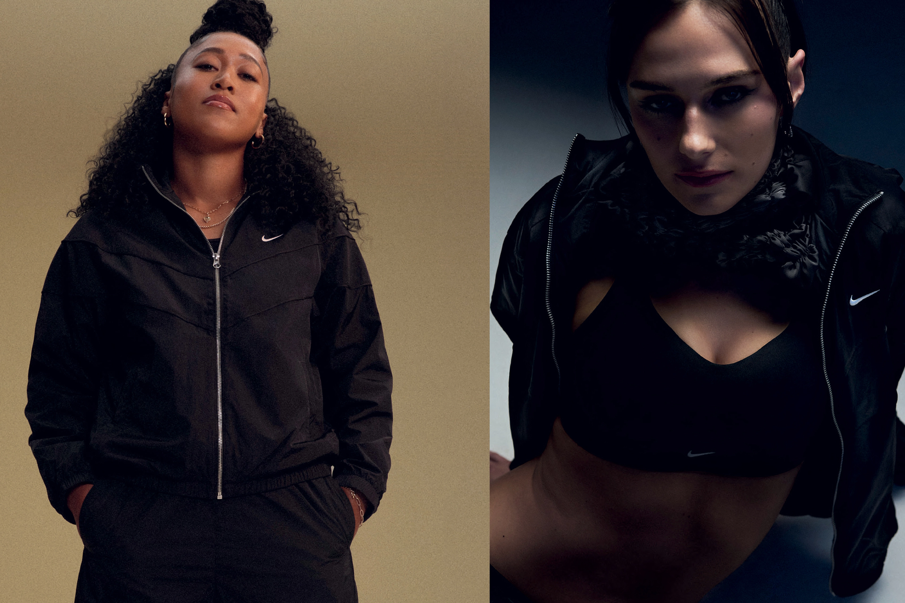 Two photos sit side by side. On the left, we see the top half of Naomi Osaka wearing a black Nike Windrunner tracksuit jacket and black pants. Her hands are in her pockets, as she tilts her chin up and looks directly at the camera, while standing in front of a tan background. On the right, we see a close up of Devon Lee Carlson sitting on a white background, wearing the black Nike Windrunner tracksuit jacket and a black Nike Alate bra. Devon wears a black patterned scarf around her neck, and her image is much more shadowed.