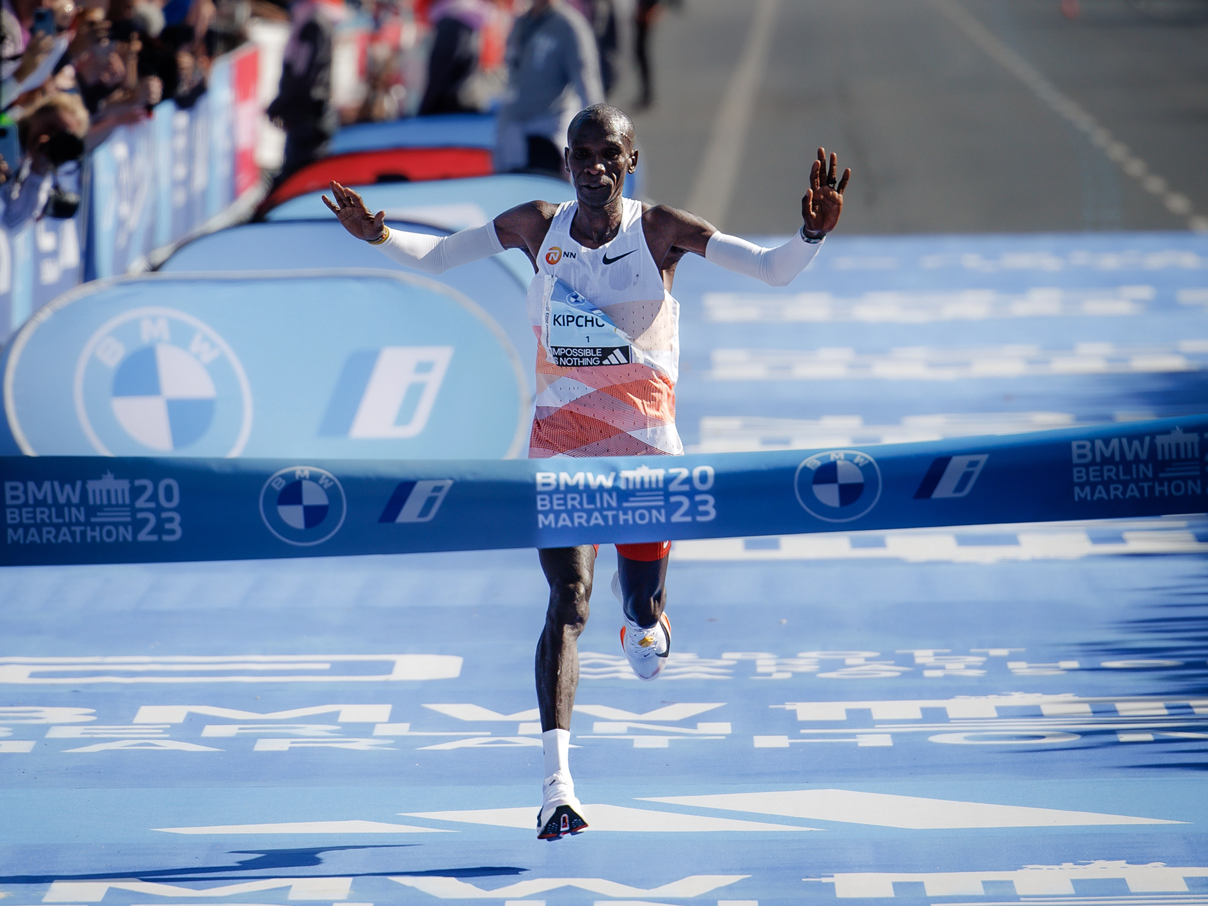 Eliud Kipchoge wearing the Nike Alphafly 3 as he crosses the finish line to win the 2023 Berlin Marathon