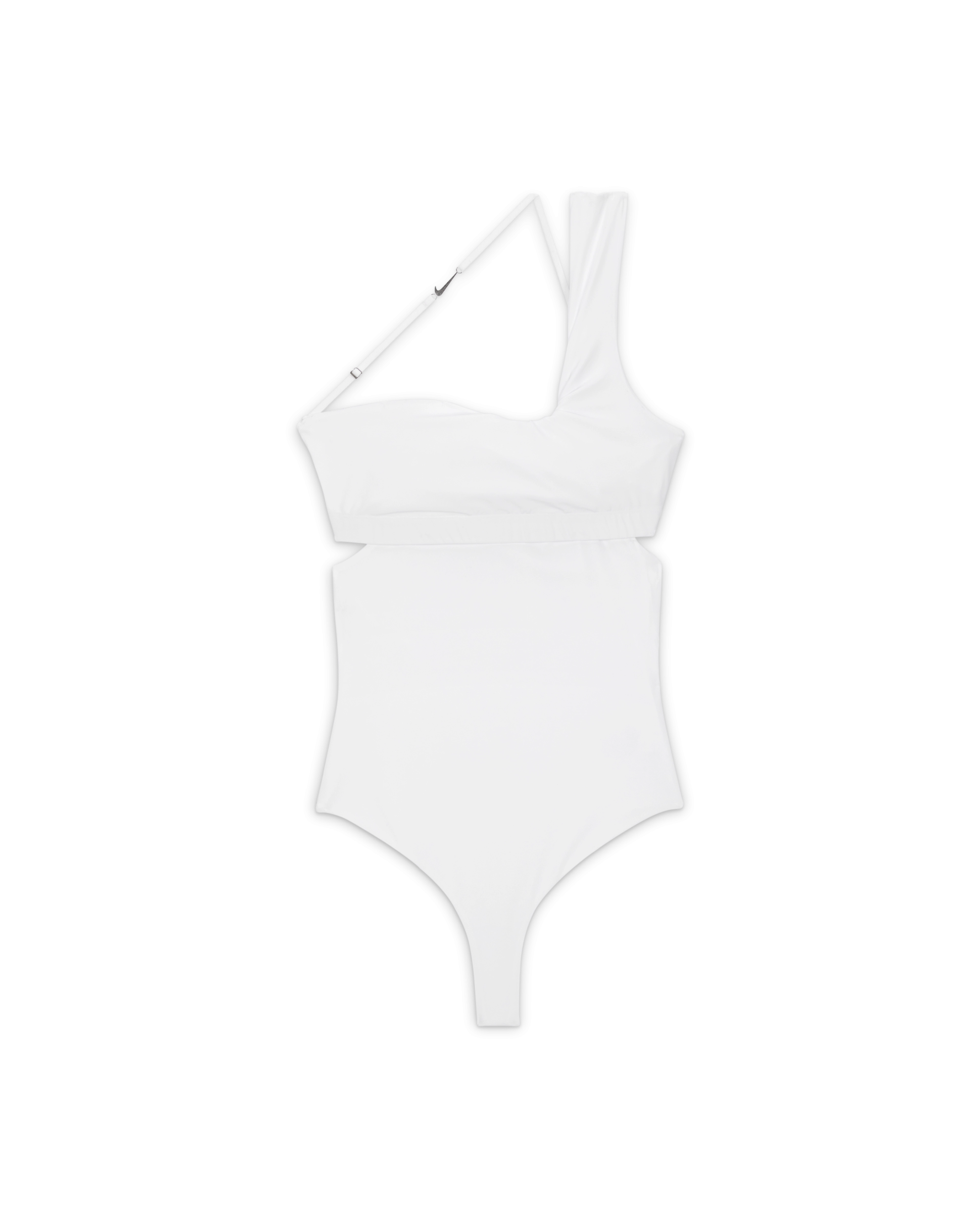Overhead view of the Nike x Jacquemus Body Suit in white. A layered design has one over-the-shoulder strap and one thin cross body strap with a silver Swoosh metal detail. We can see how the bra layer overlaps the top of the body suit. The piece floats on a black background.
