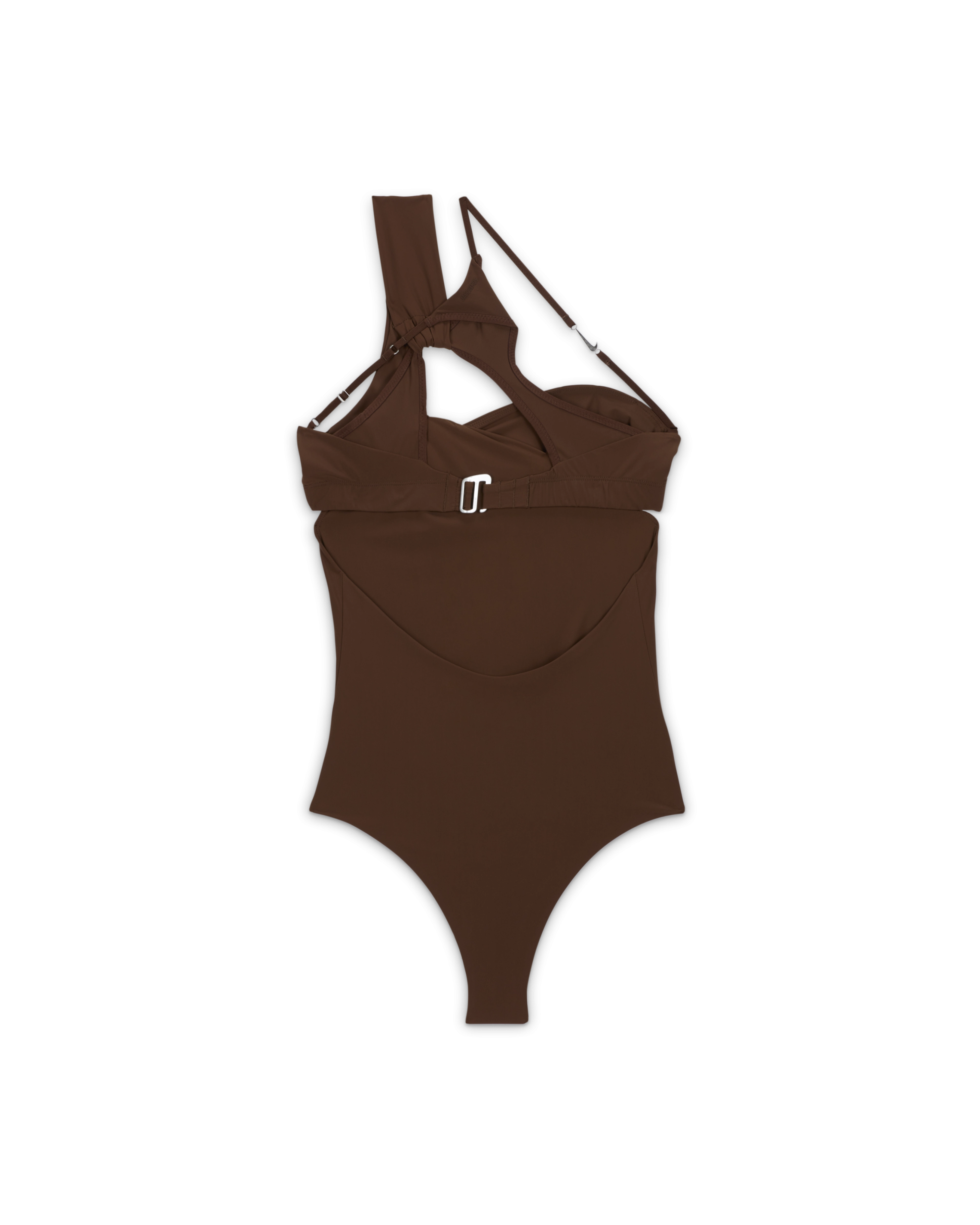 Back overhead view of the Nike x Jacqquemus Body Suit in cacao wow brown. A layered design has one over-the-shoulder strap and one thin cross body strap with a silver Swoosh metal detail. We see the silver metal closure on the back. The body suit floats on a black background.
