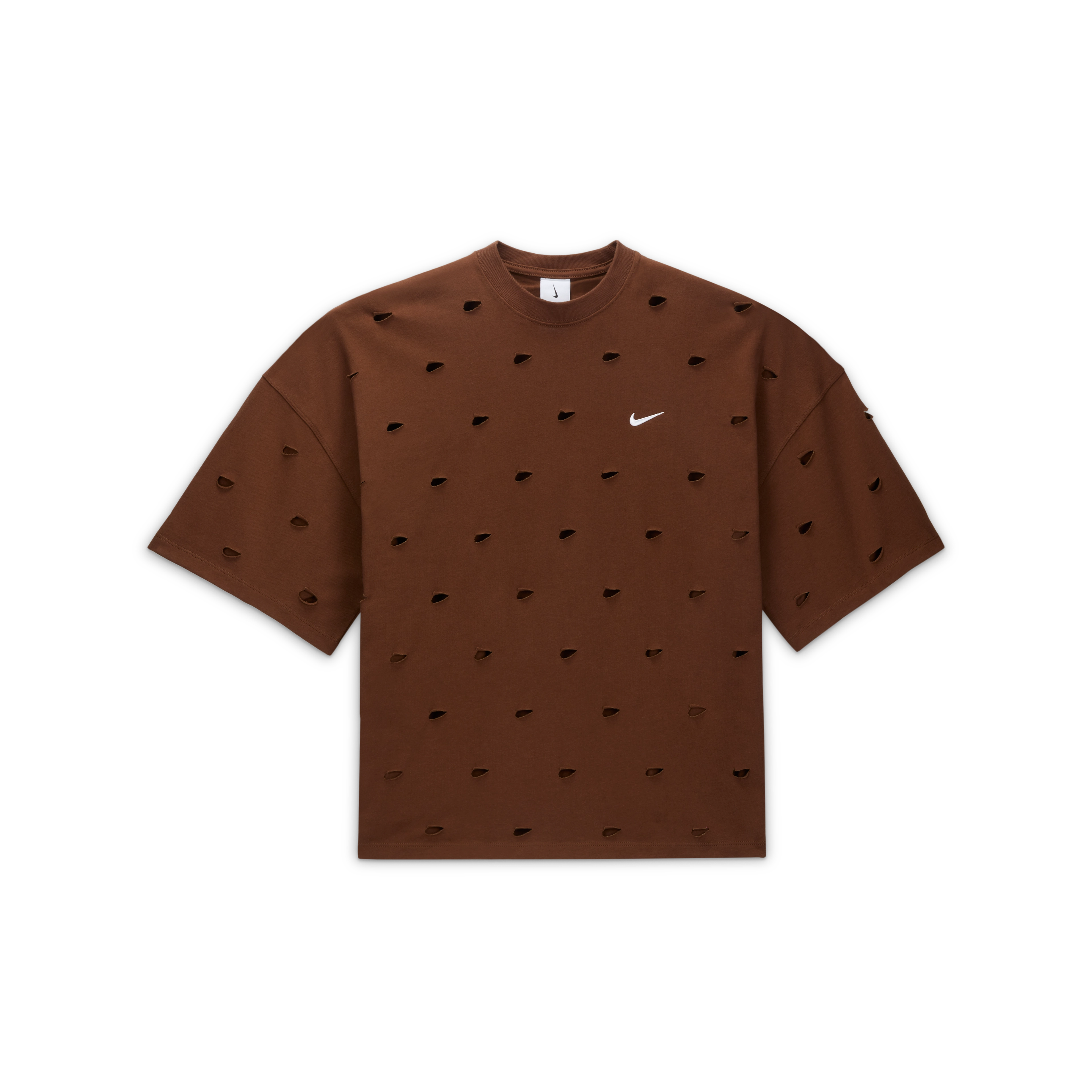 Overhead view of the Nike x Jacquemus Swoosh T-Shirt in cacao wow brown. Laser cut Swooshes are placed over the entire tee and there is a white embroidered Swoosh on chest. The hoodie floats on a black background.