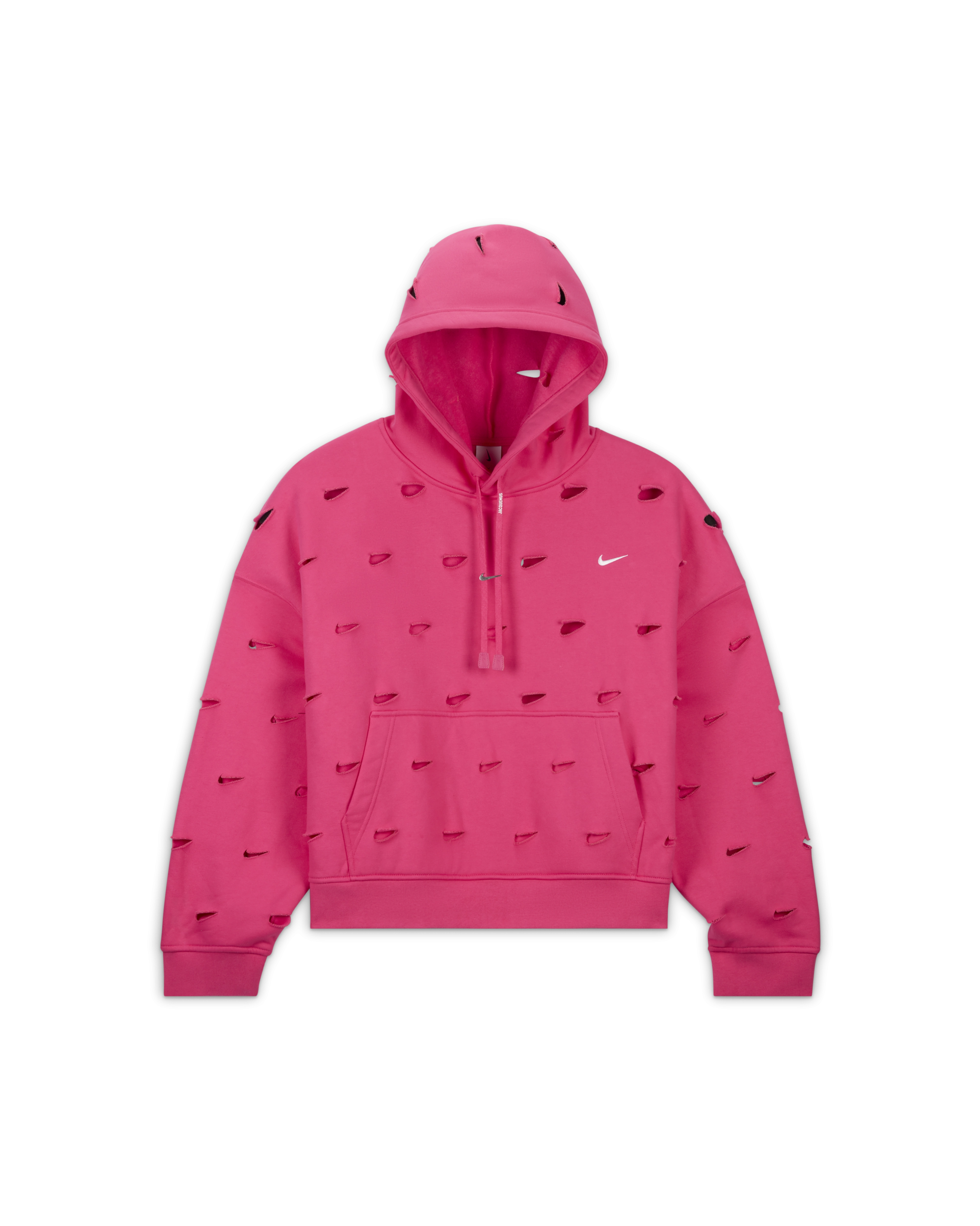 Overhead view of the Nike x Jacquemus Swoosh Hoodie in watermelon pink. Laser cut Swooshes are placed over the entire hoodie and there is a silver Swoosh logo adorning the drawcord. The hoodie floats on a black background.