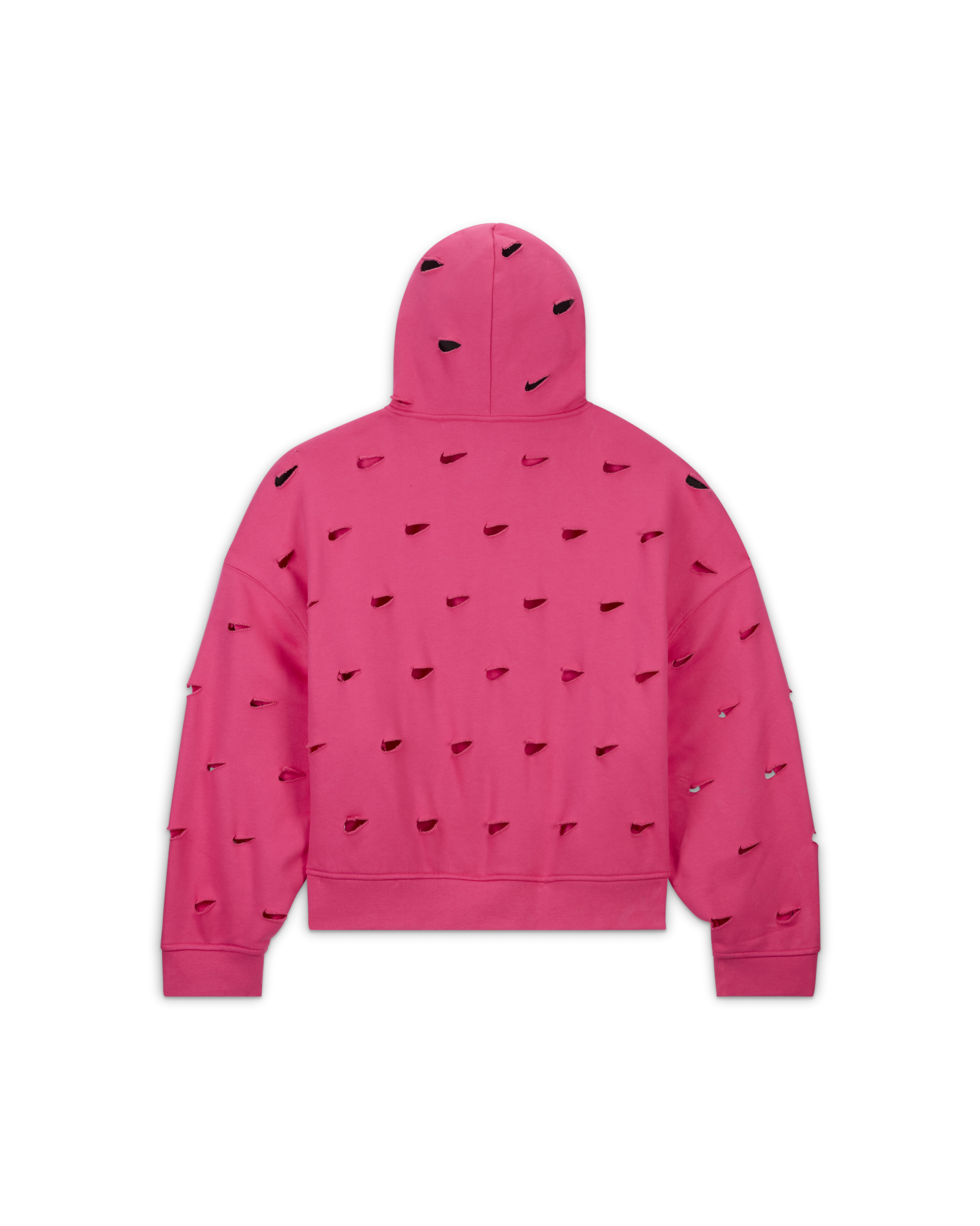 Back overhead view of the Nike x Jacquemus Swoosh Hoodie in watermelon pink. Laser cut Swooshes are placed over the entire hoodie. The hoodie floats on a black background.