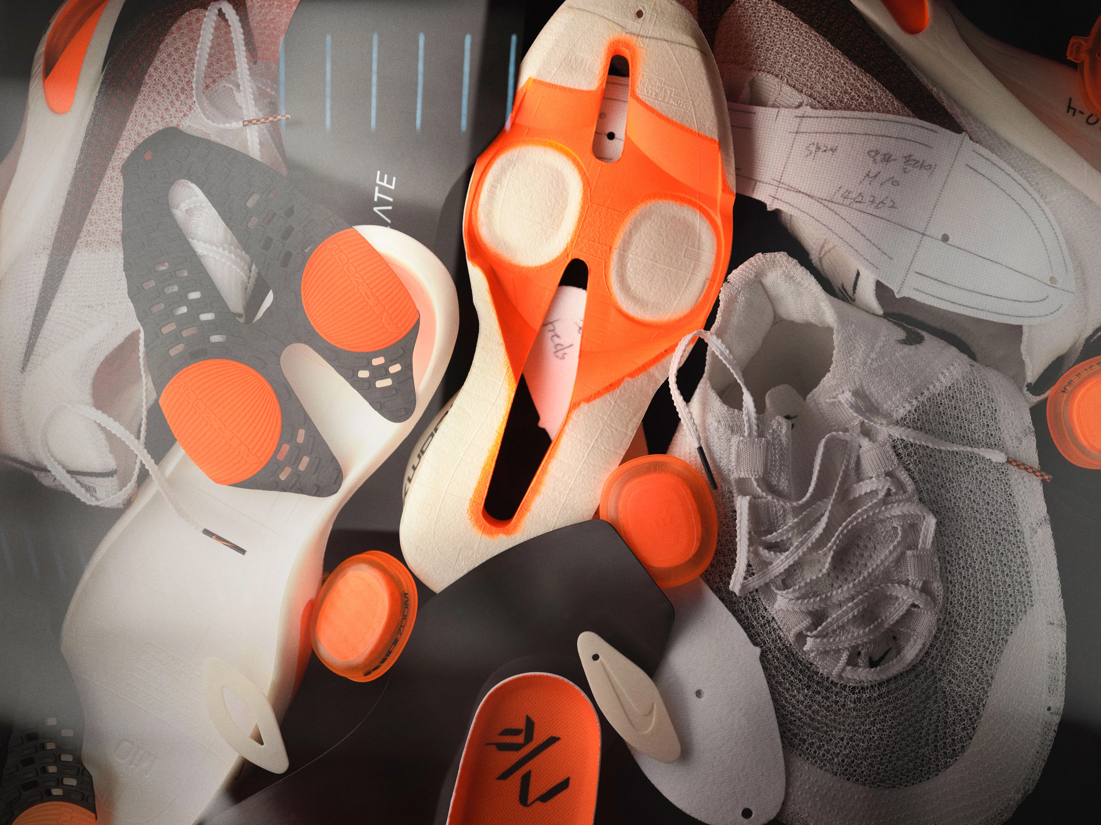 Overhead deconstructed view of the Nike Alphafly 3 featuring the Air Zoom units, ZoomX foam and a carbon fiber Flyplate that powers the Alphafly.