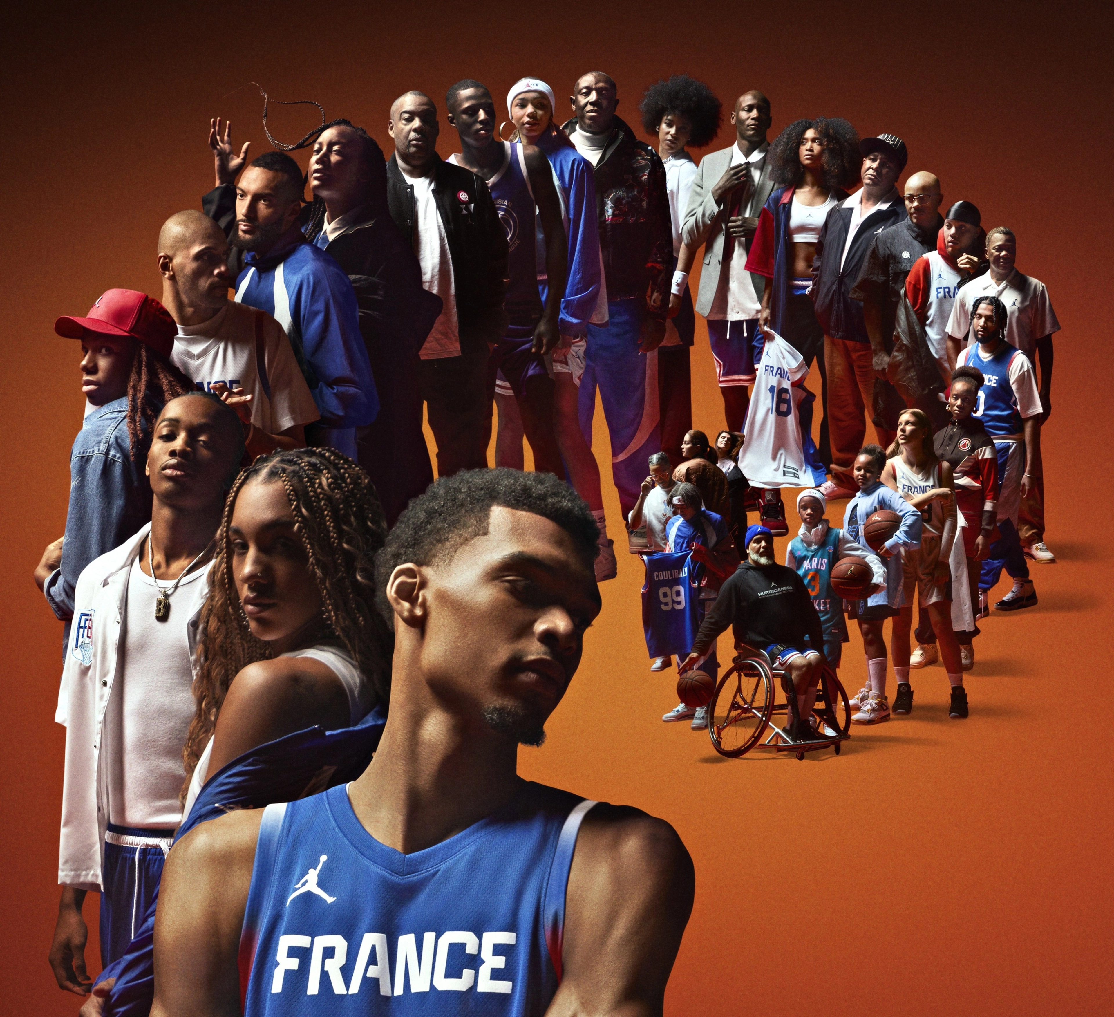 French athletes stand lined up in a spiral formation on an orange background, each sporting articles of clothing from the France Basketball National Team Collection.