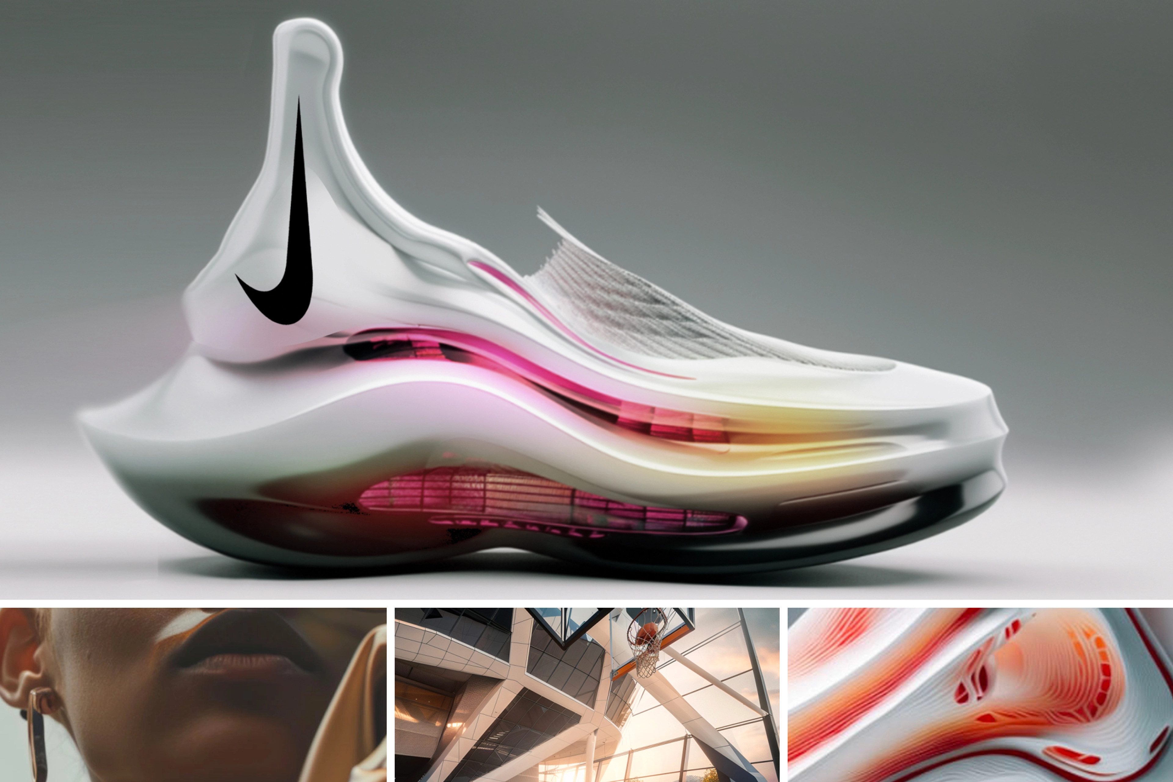 AI generated concepts for A'ja Wilsons basketball shoe. Concept images includes a white shoe with a high collar, a close up of the bottom half of a woman's face, an indoor basketball court with sunlight coming through the windows, and orange and white soles.