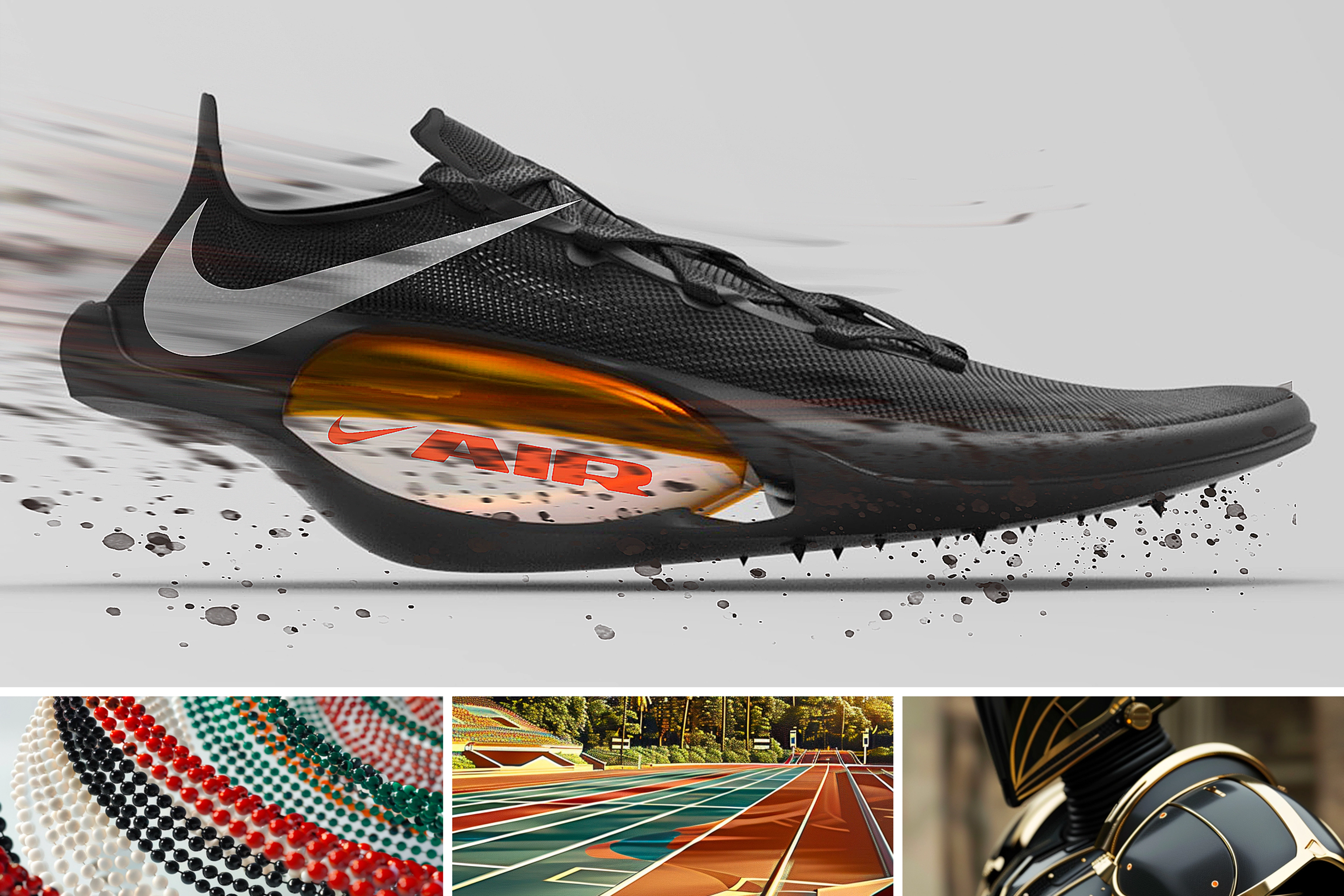 AI generated shoe concepts for Kenyan runner Faith Kipyegon. Concept images include a black running shoe with one central dynamic air unit, different colored beads layered in circle rings, an outdoor track on a sunny day, and a black metallic armor suit covering the face entirely and with padded shoulders.