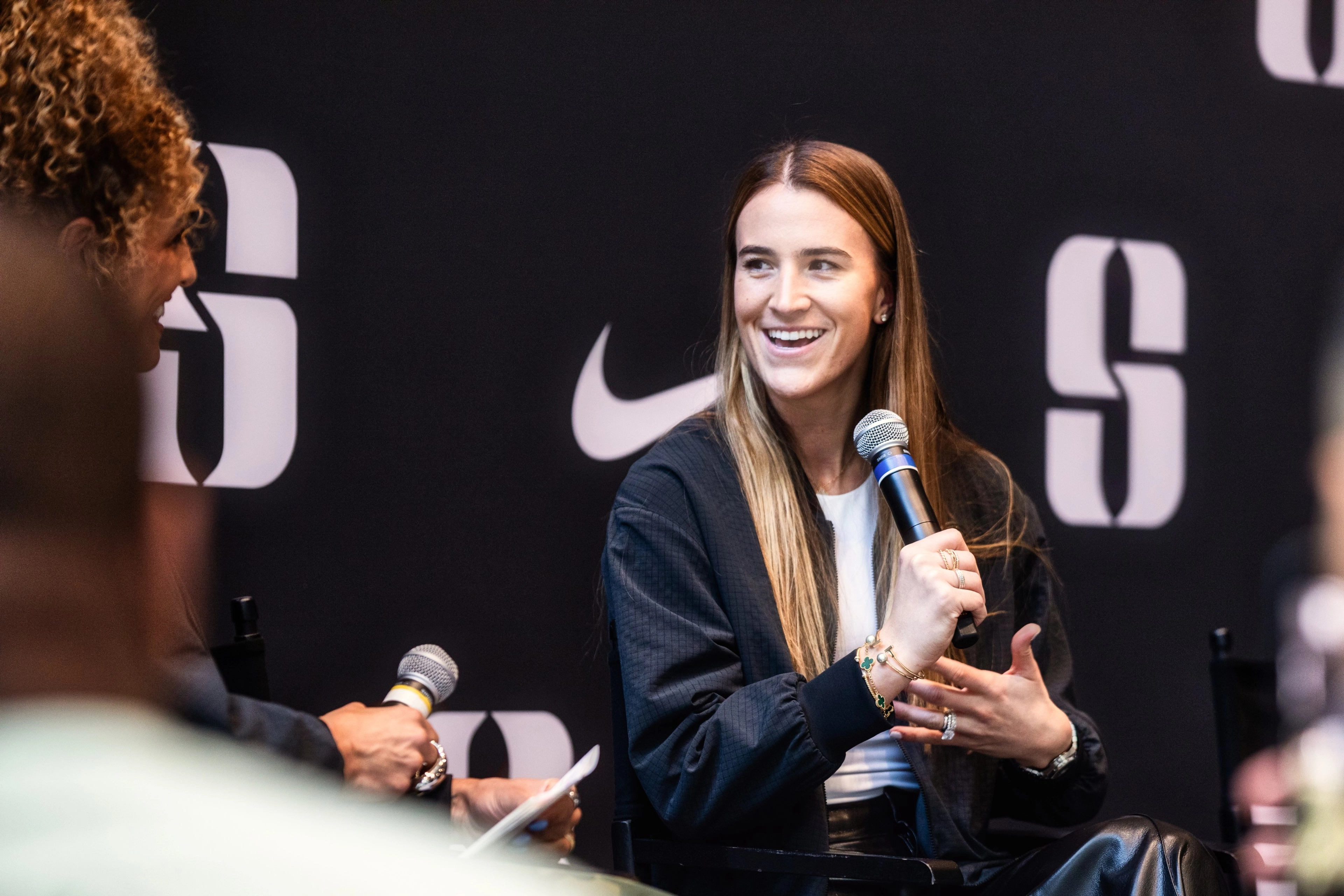 Sabrina Ionescu speaking with Jess Sims at the Sabrina 2 signature collection launch in New York City