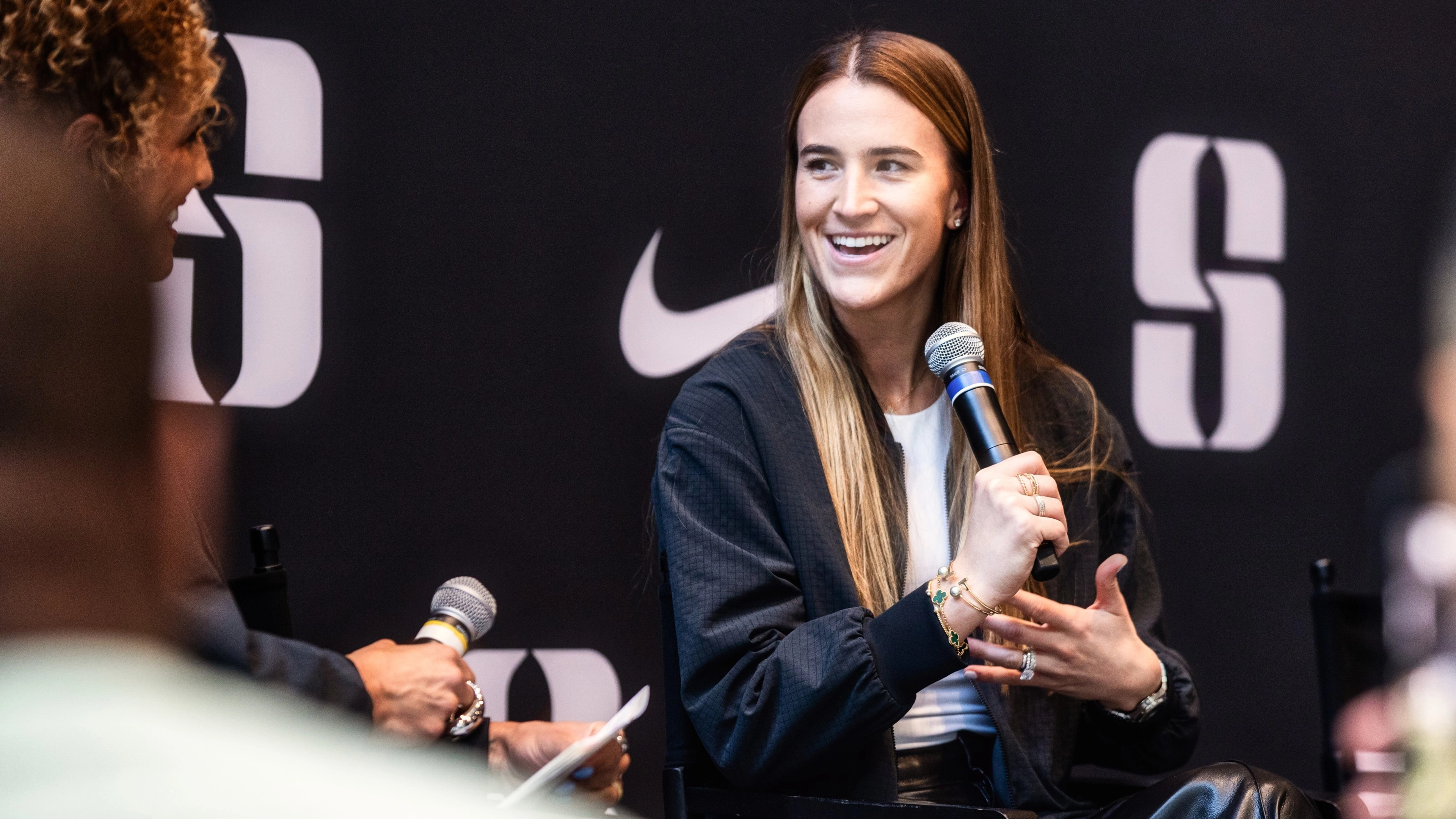Sabrina Ionescu speaking with Jess Sims at the Sabrina 2 signature collection launch in New York City