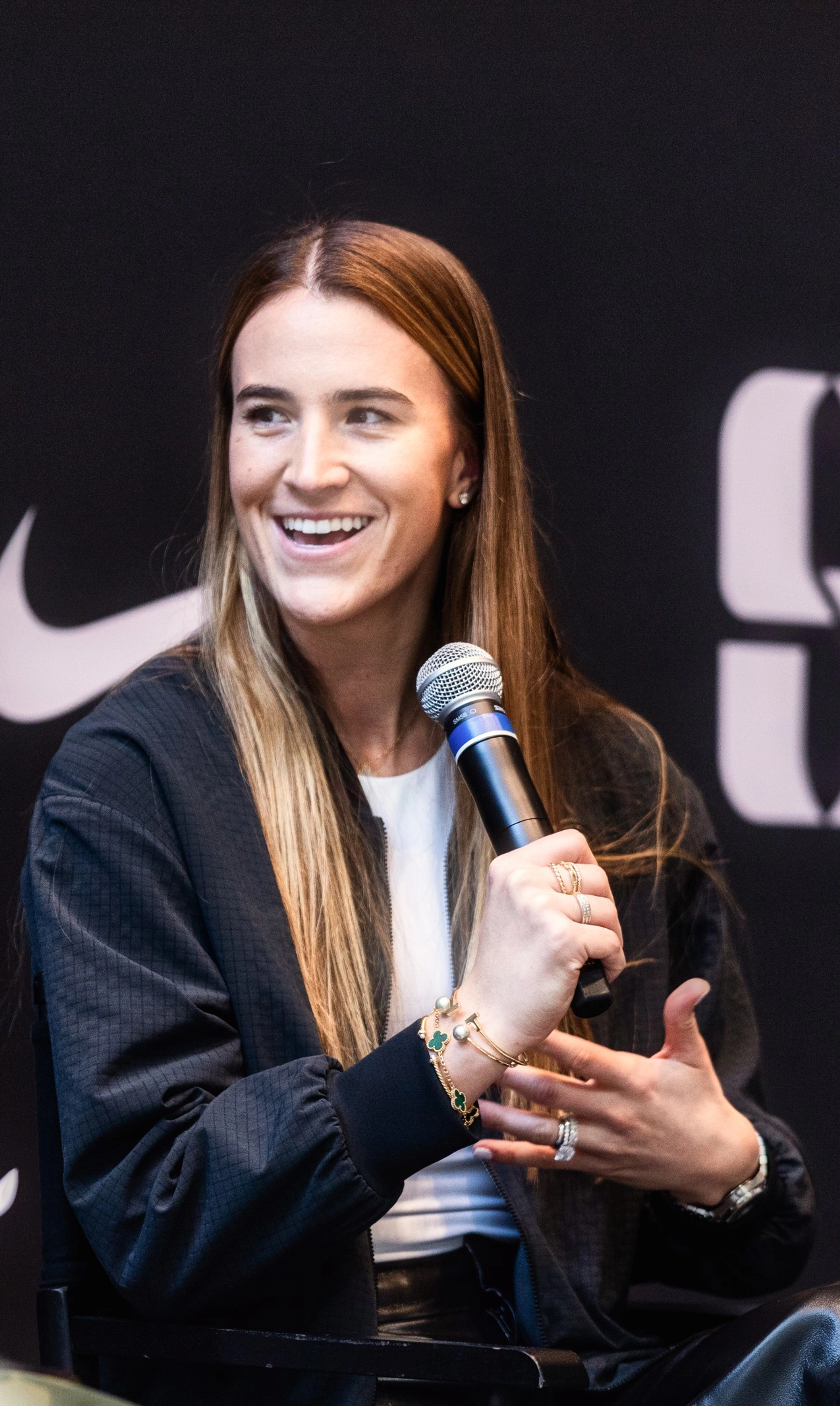 Sabrina Ionescu speaking with Jess Sims at the Sabrina 2 signature collection launch in New York City