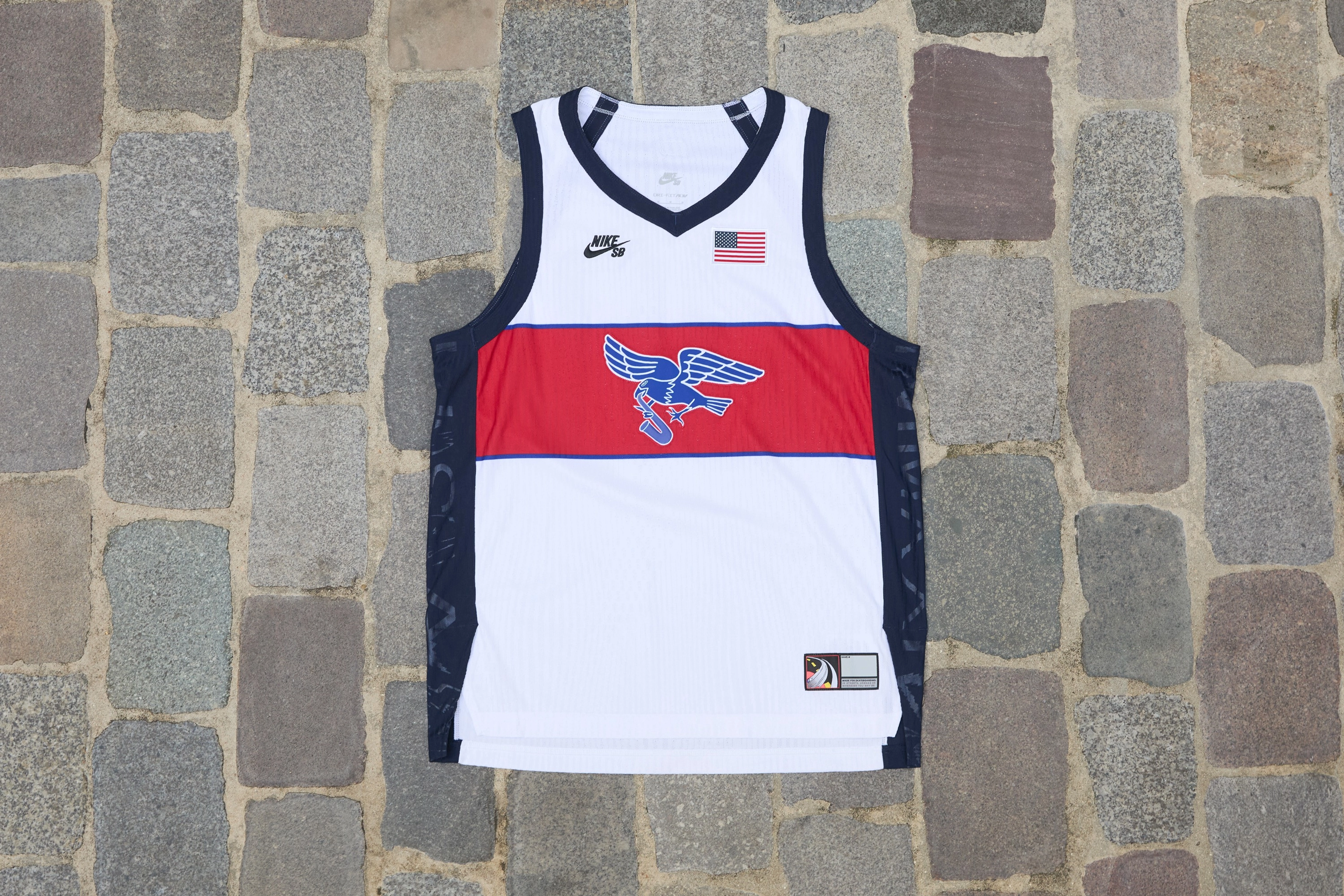 Overhead view of the USA tank top from the skateboarding federation kit