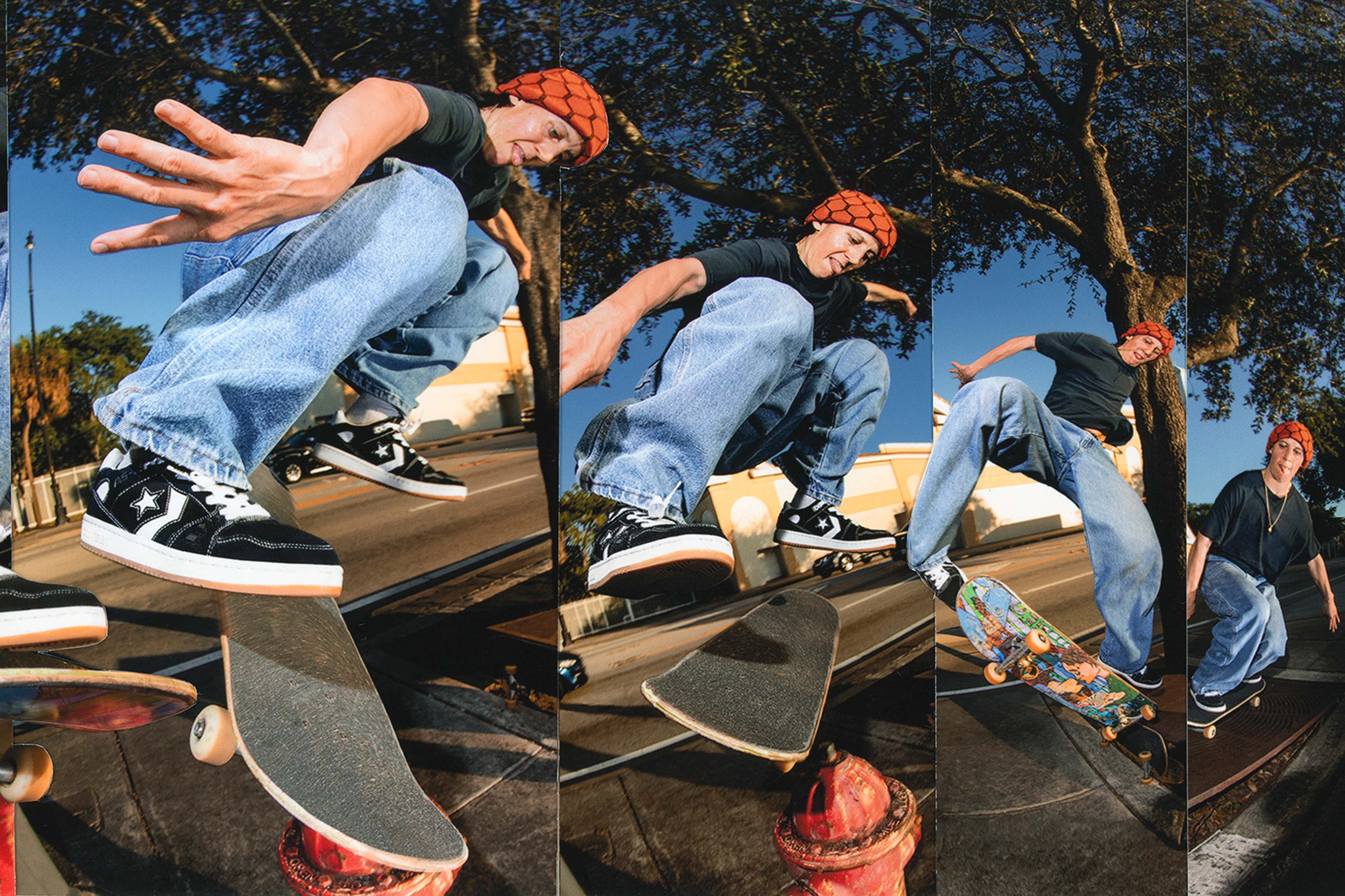 Alexis Sablone doing a backside flip over a fire hydrant outside on the sidewalk.