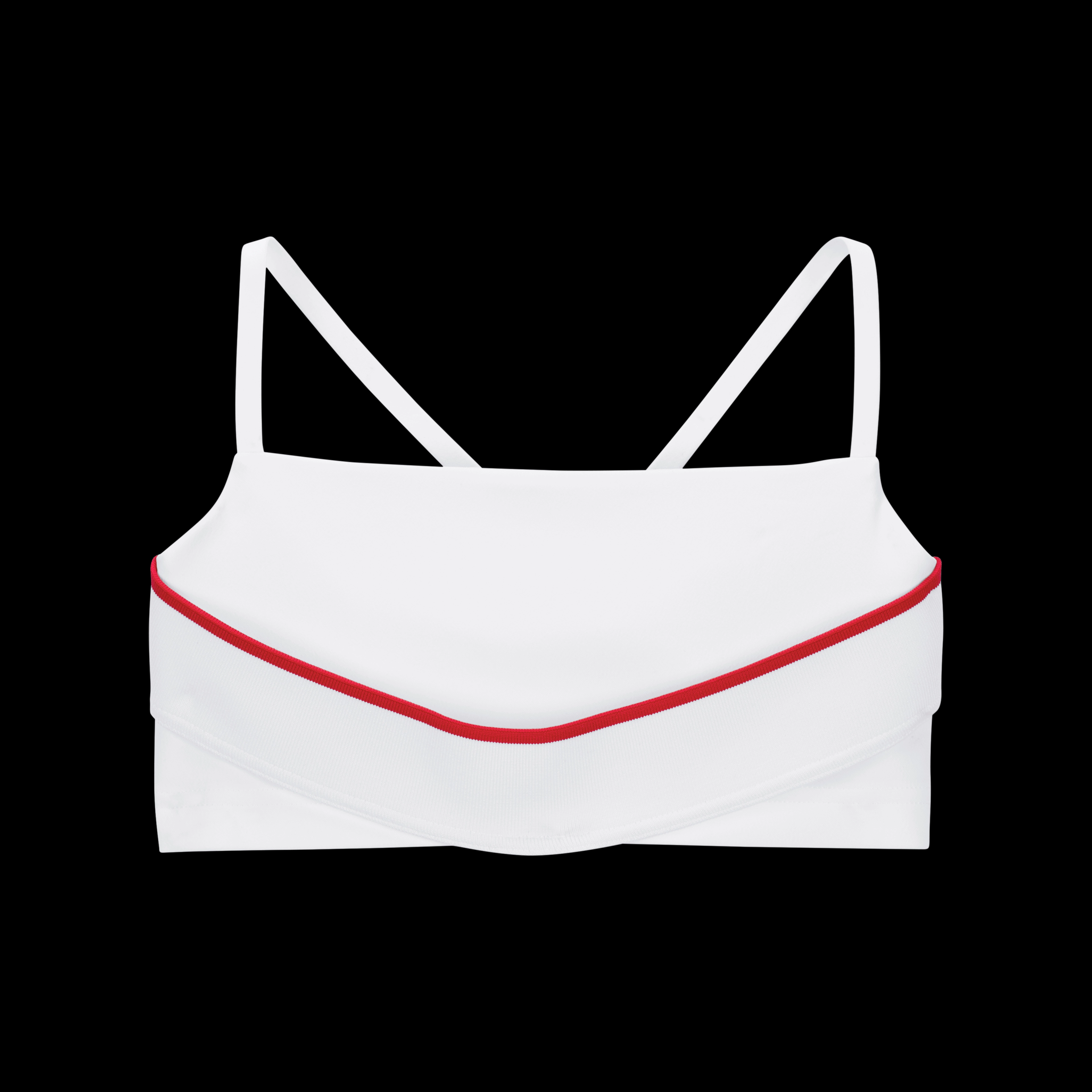 Overhead view of the Nike x Jacquemus Women's Bra in white with a university red pinstripe that curves across the chest. Thin white straps cross in the back. The bra floats on a black background.
