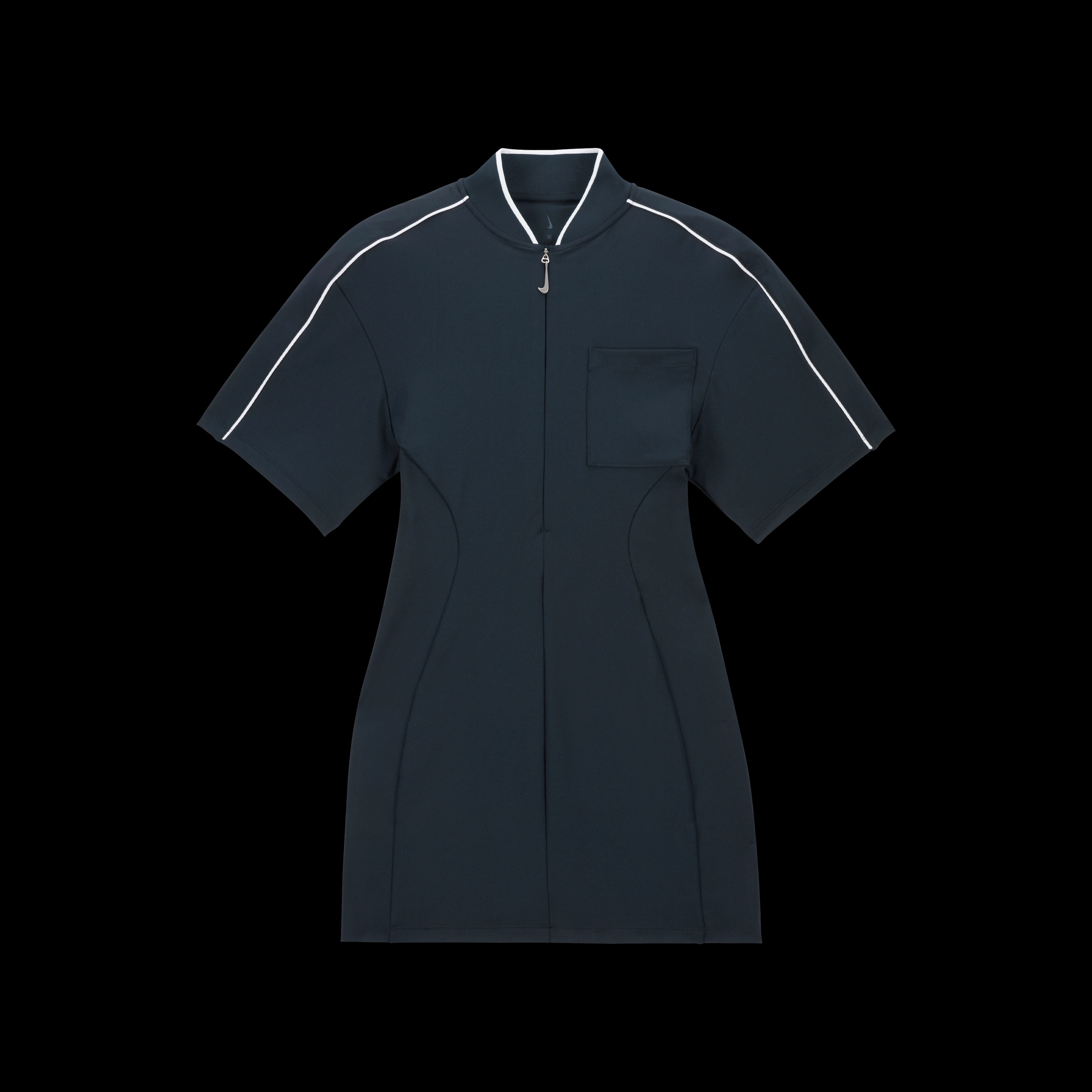 Overhead view of the Nike x Jacquemus Women's Dress in dark obsidian with white pinstripes at neck and across shoulders and sleeves. The zipper pull is white and in the shape of a Nike Swoosh. The short sleeve dress floats on a black background.