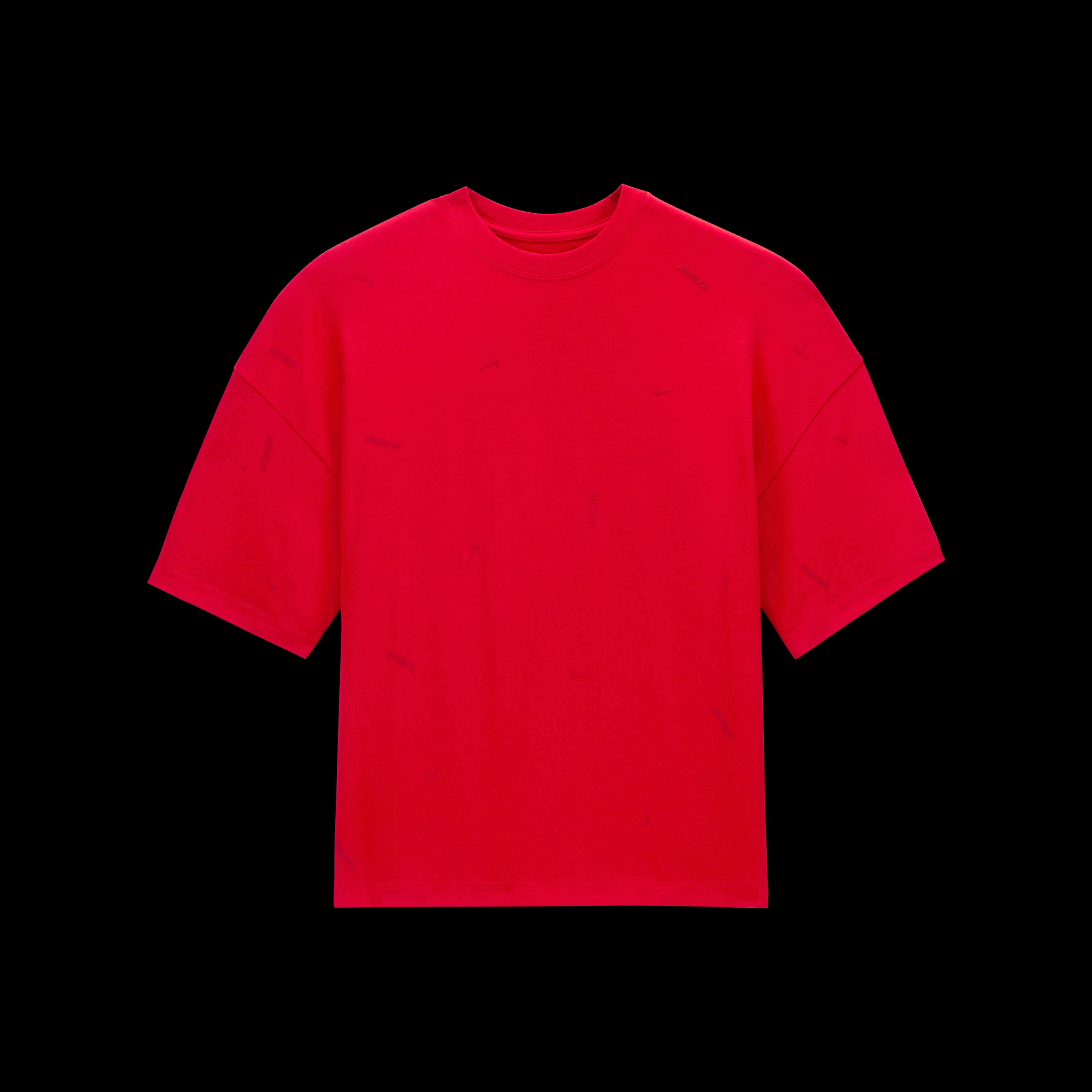 Overhead view of the Nike x Jacquemus Short Sleeve Tee Shirt in university red. Tee shirt floats on a black background.