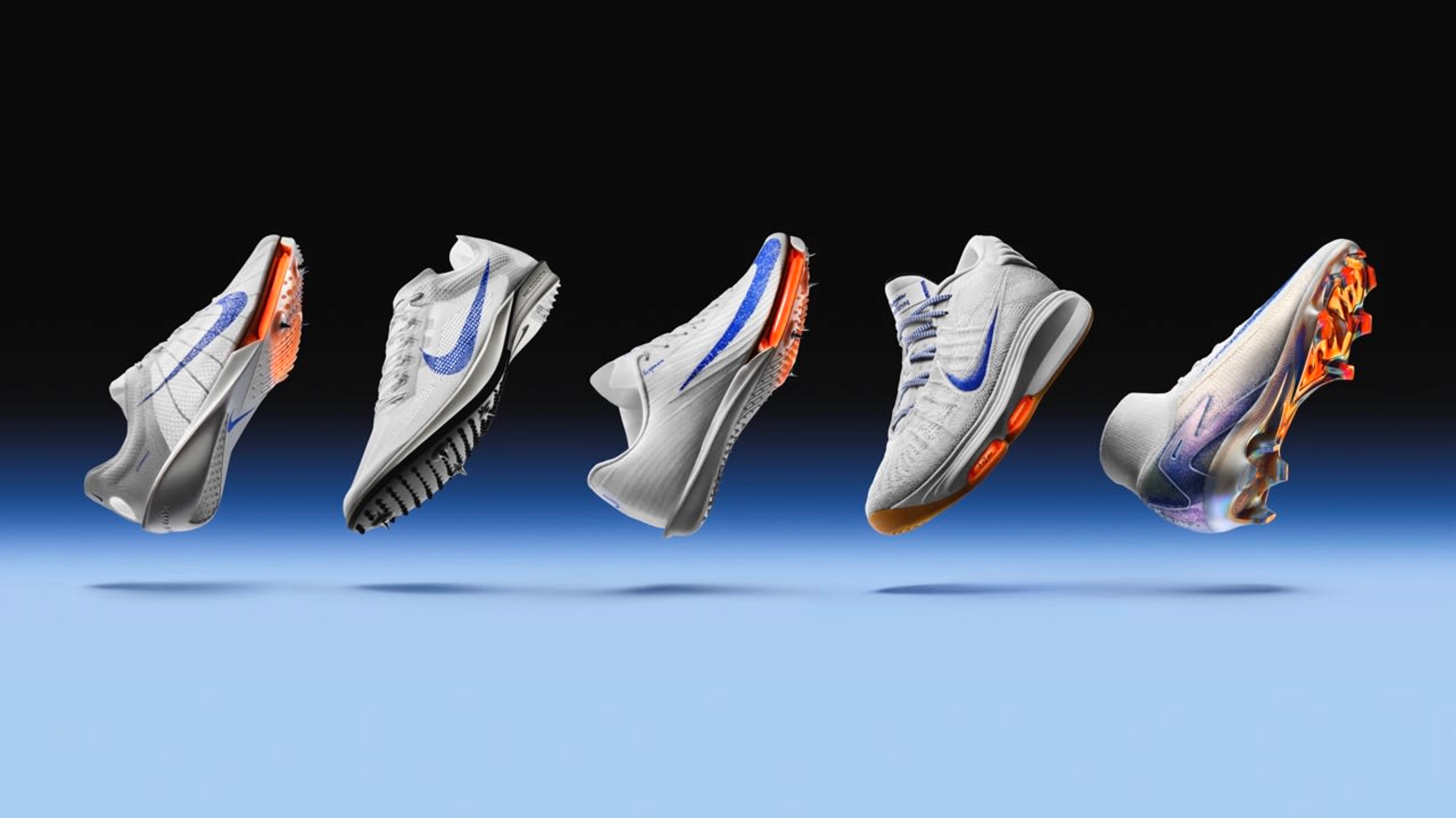 Side view of 5 shoes that feature Nike's proprietary Air technology, including the Nike Alphafly 3, Nike Maxfly 2, Nike Victory 2, Nike G.T. Hustle 3, and the Nike Air Zoom Mercurial. All shoes are shown in the Blueprint colorway, which is a white upper with a speckled blue Swoosh, and orange Air Zoom units. Shoe float above a blue floor, against a black background.