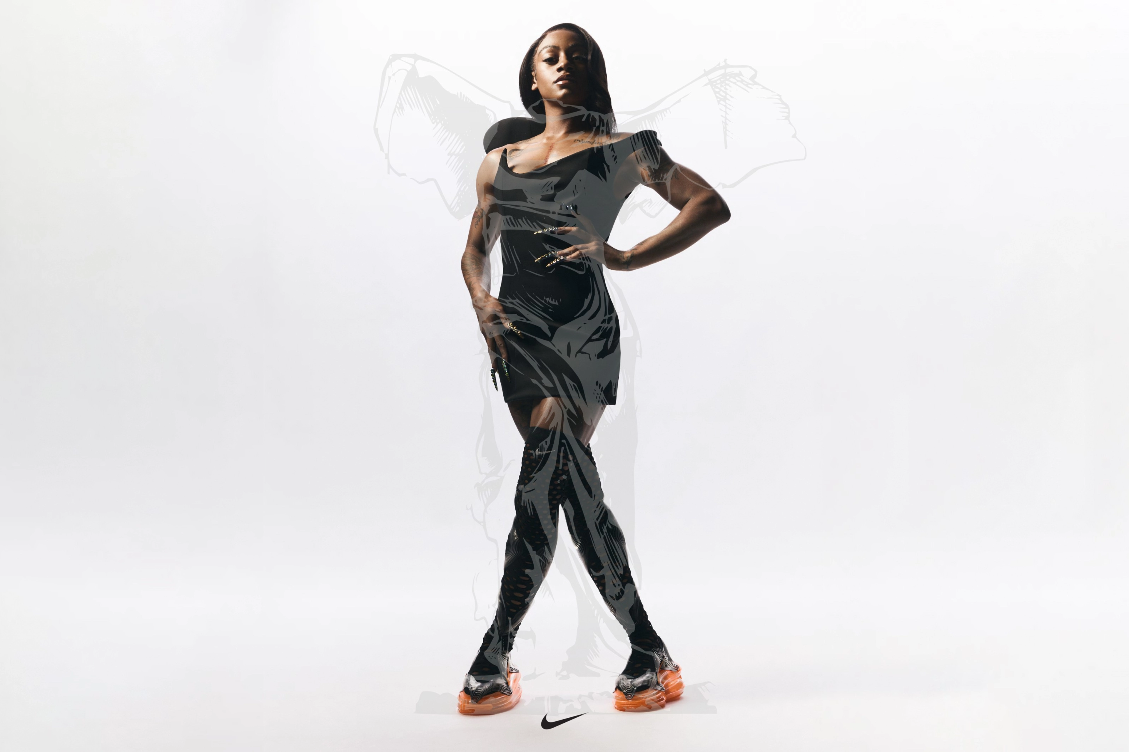 Full body portrait of ShaCarri Richardson, looking confident, directly at the camera. She stands in a black dress with over-the-knee Nike socks. Her full body is overlayed with an illustration of Nike, winged goddess of victory.