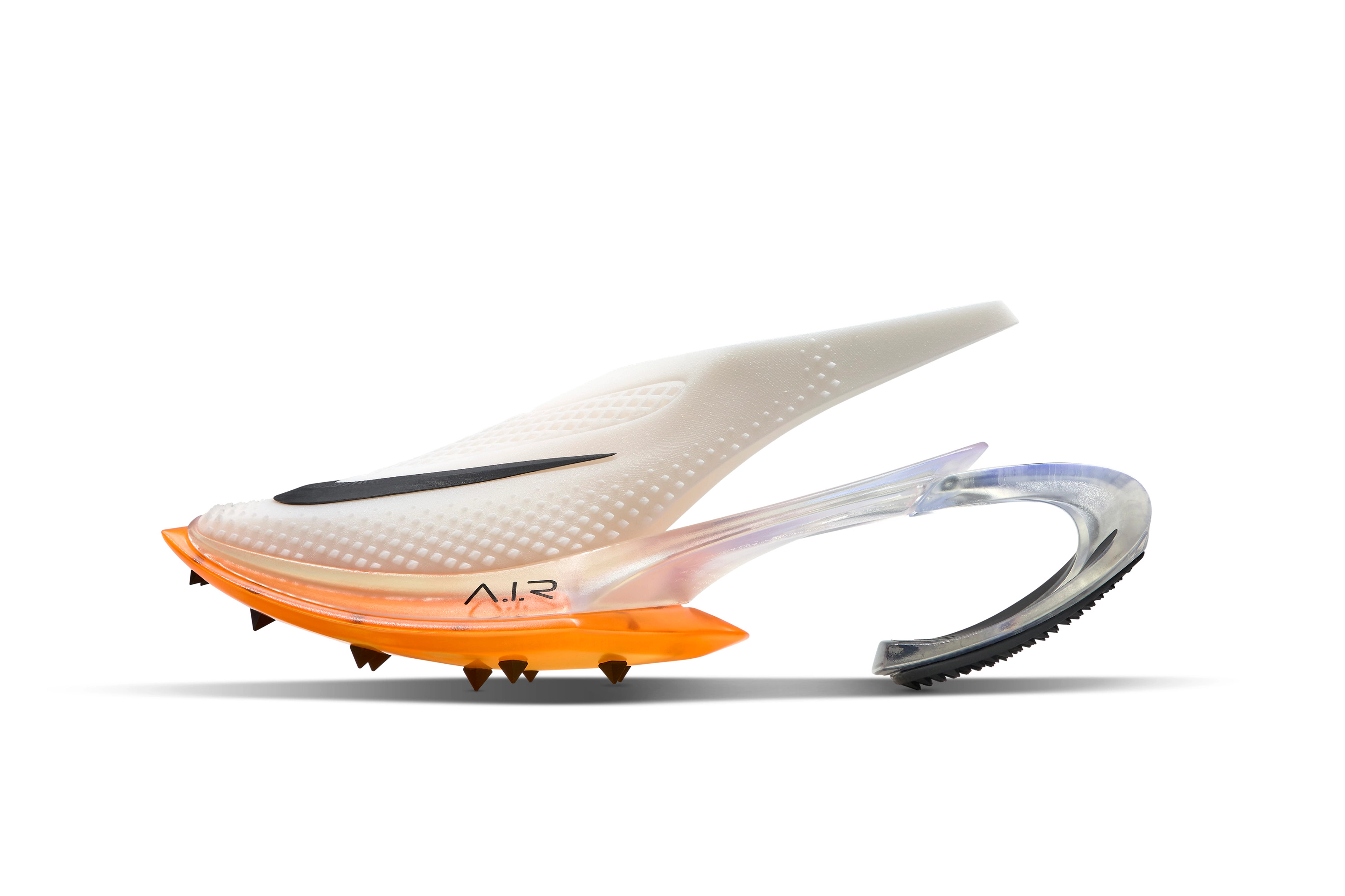 Left view of shoe concept for British sprinter Dina Asher Smith. Concept includes a forefoot air unit sitting underneath a sport mesh upper and a detachable TPU heel clip.