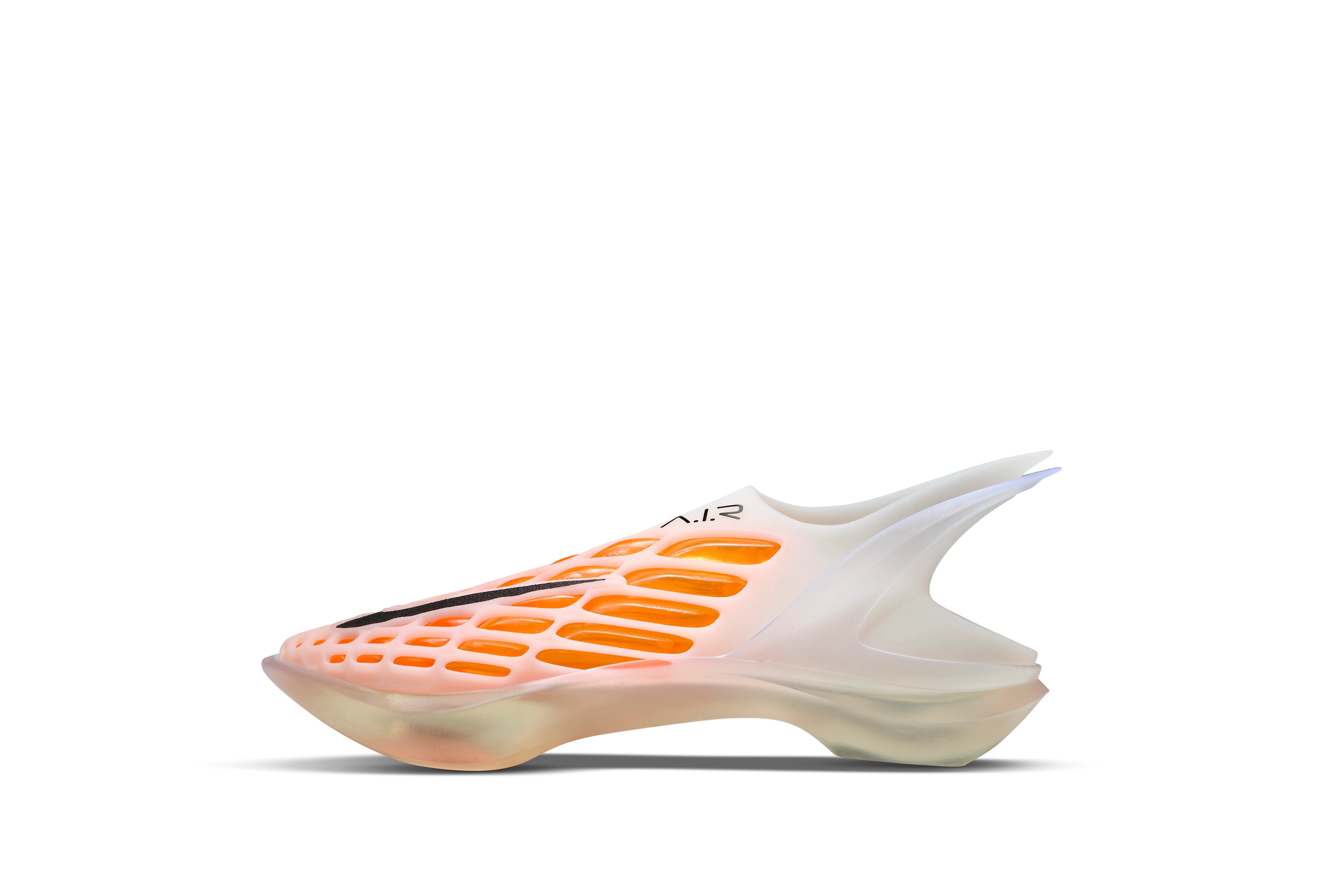 Left view of a shoe concept for tennis champion Diede de Root in white featuring a heel tailgate and clipping mechanism under the outsole to attach to her wheelchair with ease.