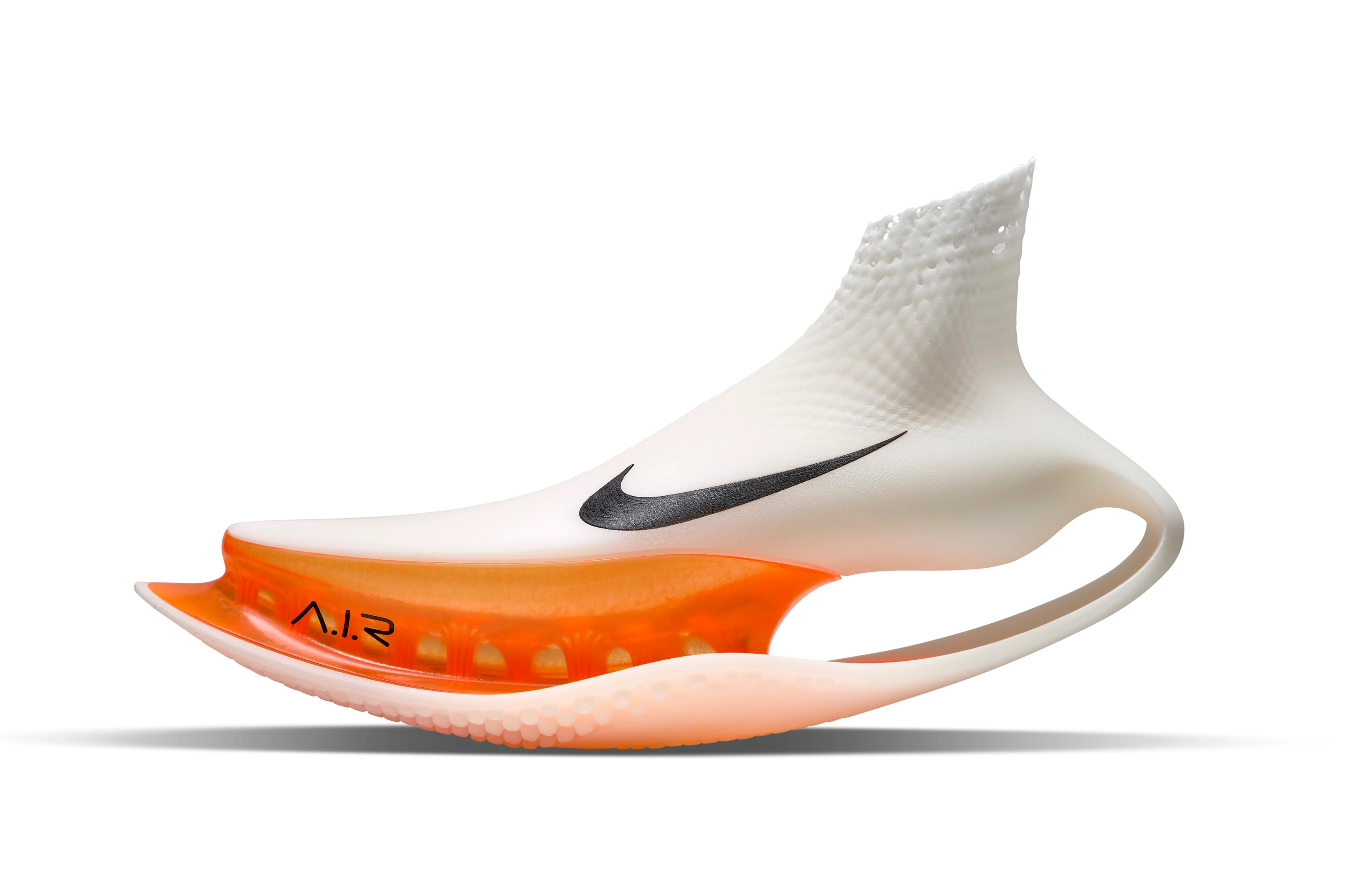 Left view of shoe concept in white for Eliud Kipchoge featuring a visible forefoot air unit detailed with sap like tensile fibers and a rocker throughout the beveled heel.