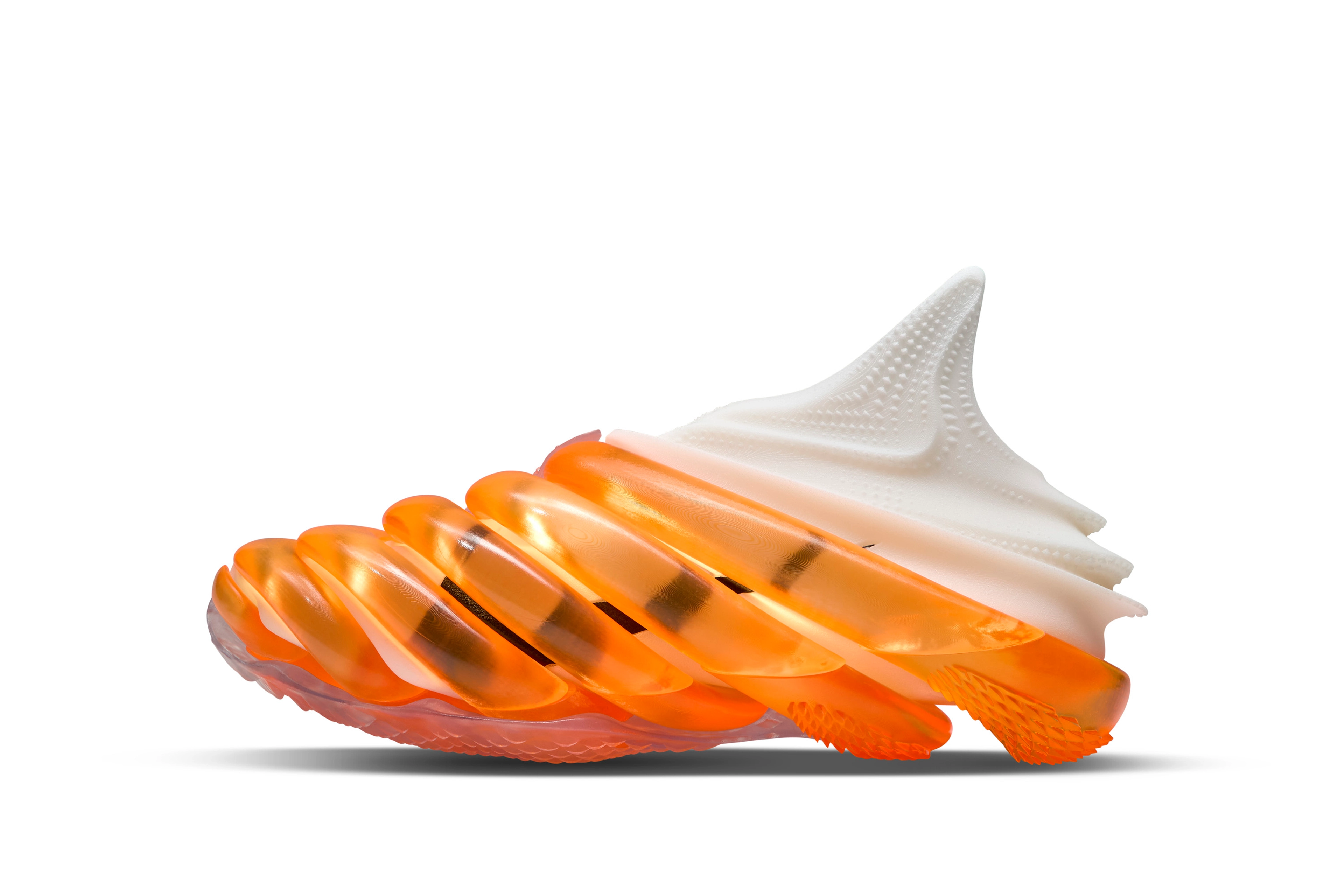 Left view of concept shoe in white for Zheng Qinwen featuring orange air unit coils on the forefoott and mid foot with a serpentine construction and a stippled texture for the collar.