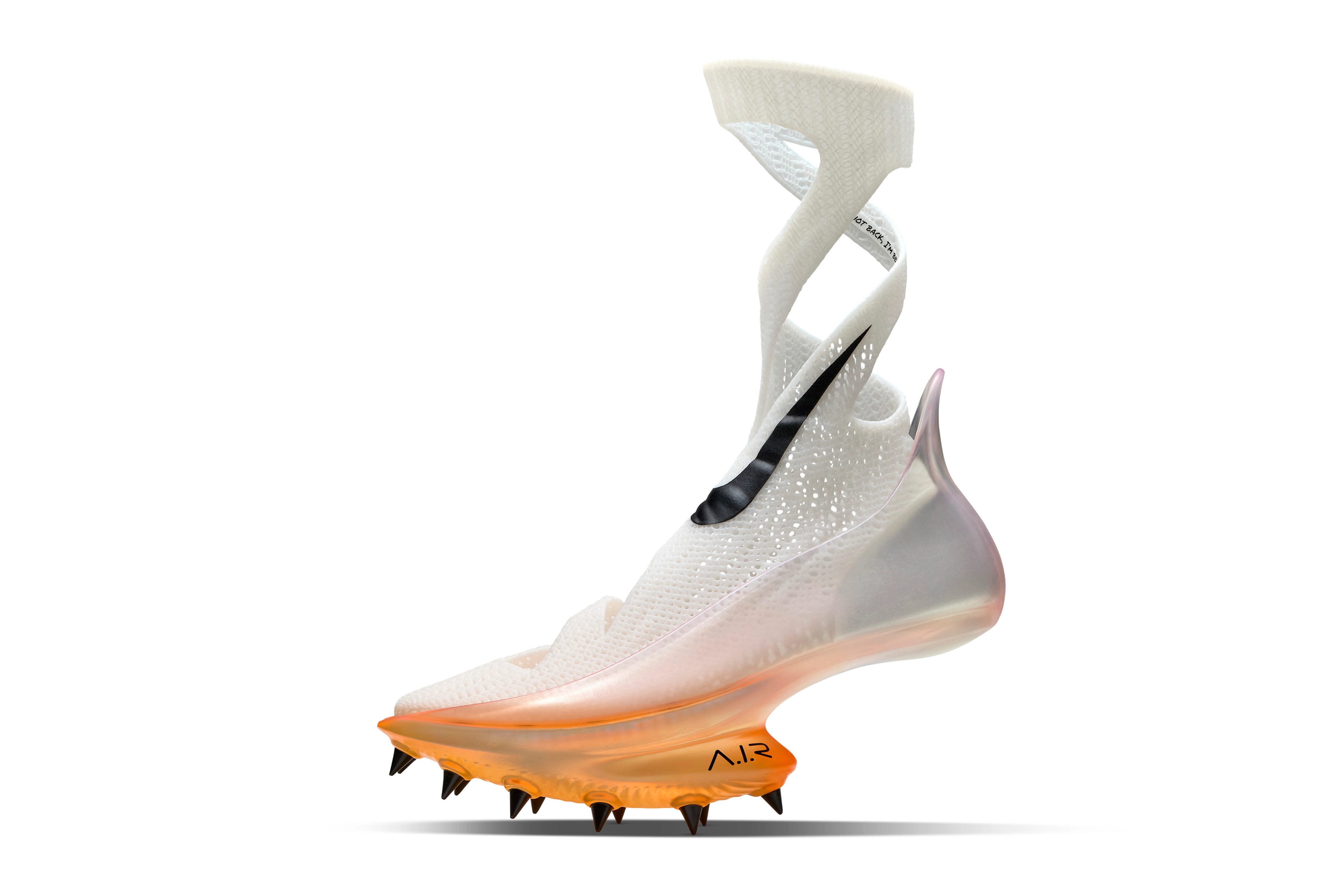 Left view of shoe concept in white for Sha'Carri Richardson featuring an air unit fading from orange to neutral to clear toward the raised high heel and double helix pattern wrapping up the shin.