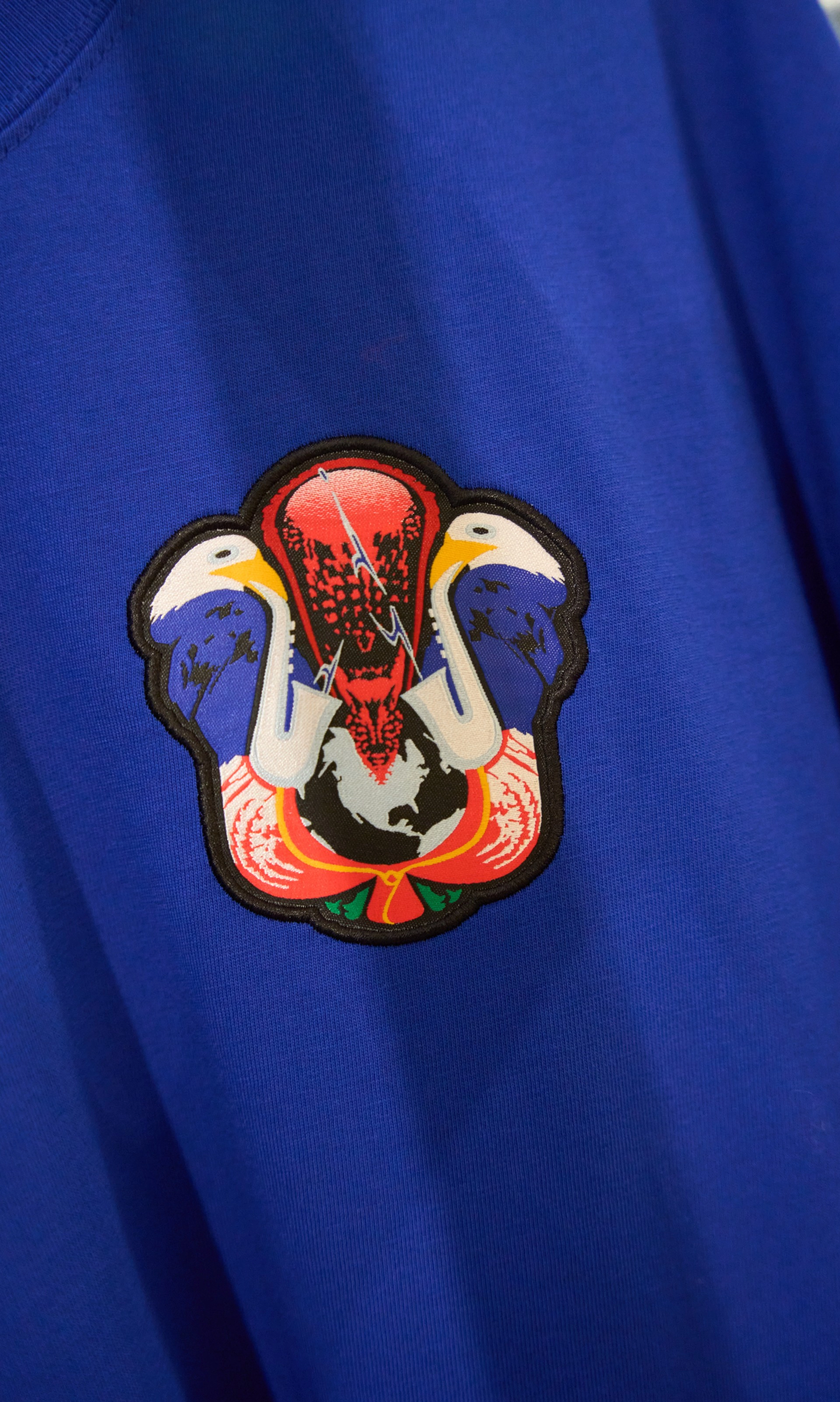 Detail view of the crest for USA's skateboarding federation kits featuring two bald eagles with saxophones