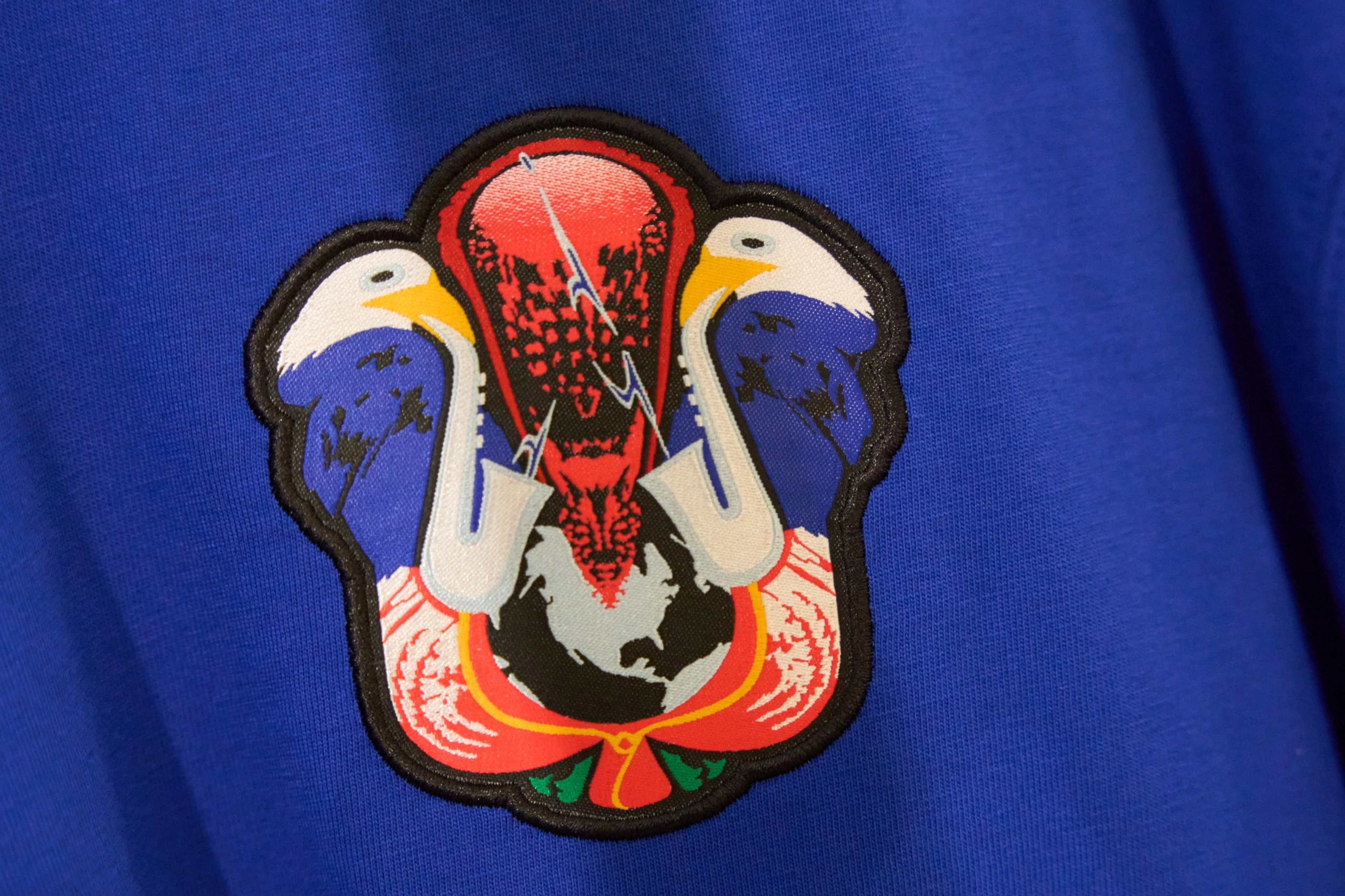 Detail view of the crest for USA's skateboarding federation kits featuring two bald eagles with saxophones