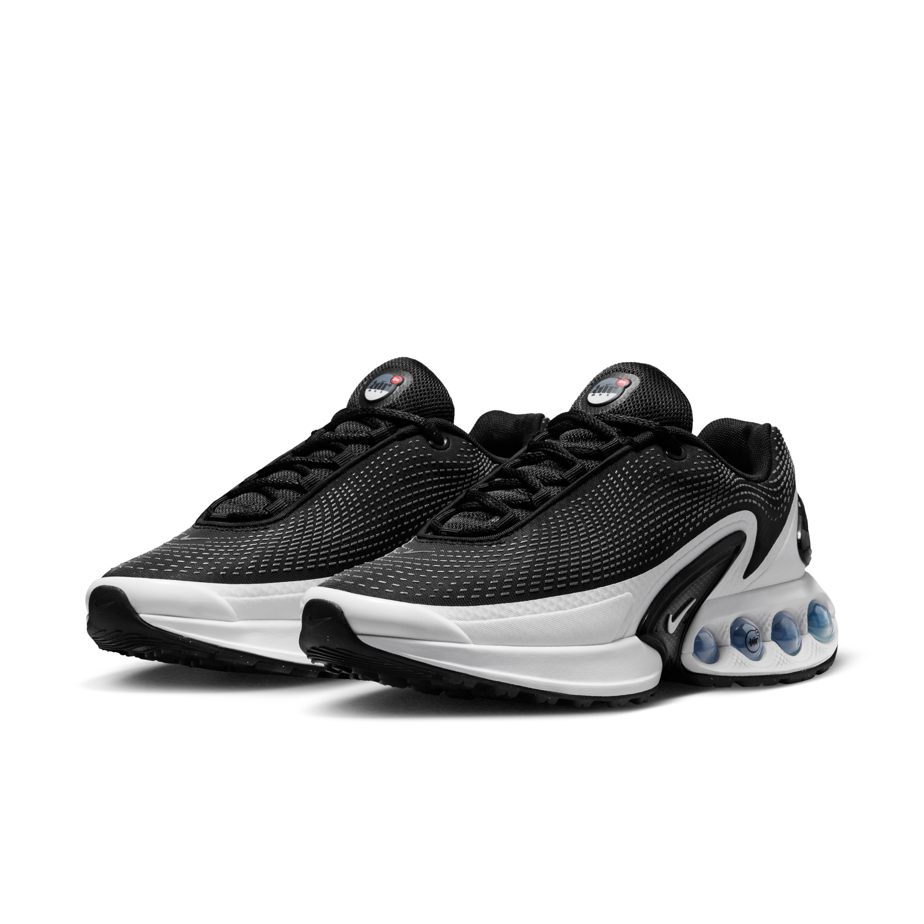 Front angled view of the women's Nike Air Max Dn in black and white