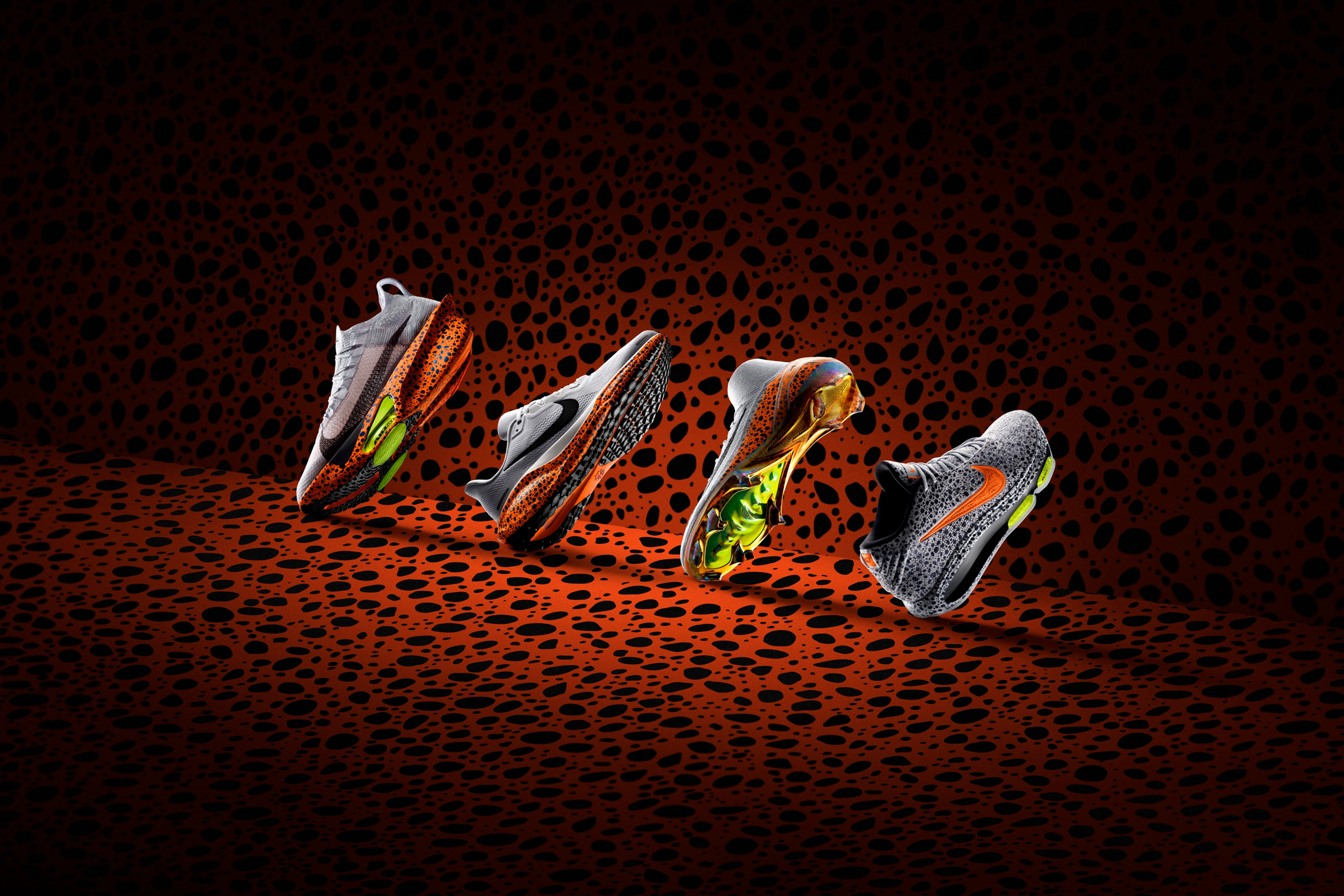 Side view of the 4 Hero shoes of the Nike Electric Pack, made up of the Nike Alphafly 3, Nike Pegasus 41, Nike Air Zoom Mercurial Superfly, and the Nike G.T. Hustle 3, all featuring the Electric pattern, orange with speckled blue/black spots.