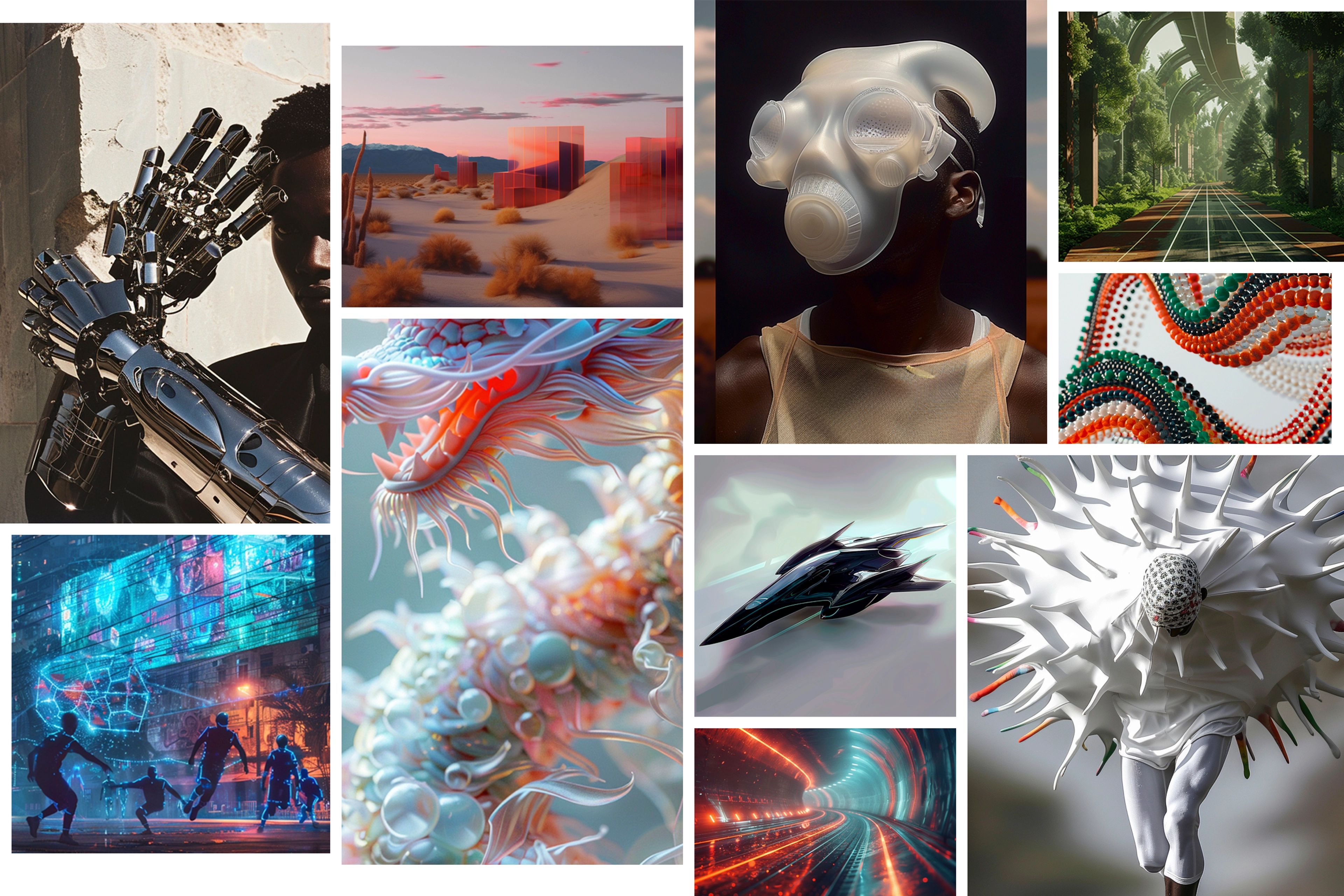 A grid of AI generated images that were used as concept inspirations. Generated images include robotic arms, a desert sand dune landscape during sunset, a man wearing a full face mask, a path lined by green trees, a futuristic world with blue screens with kids running, a white and orange dragon, a black jet, an under ground tunnel lit up with orange and blue lights, wavy strands of beads, and a person wearing a white puffer fish spiked top.