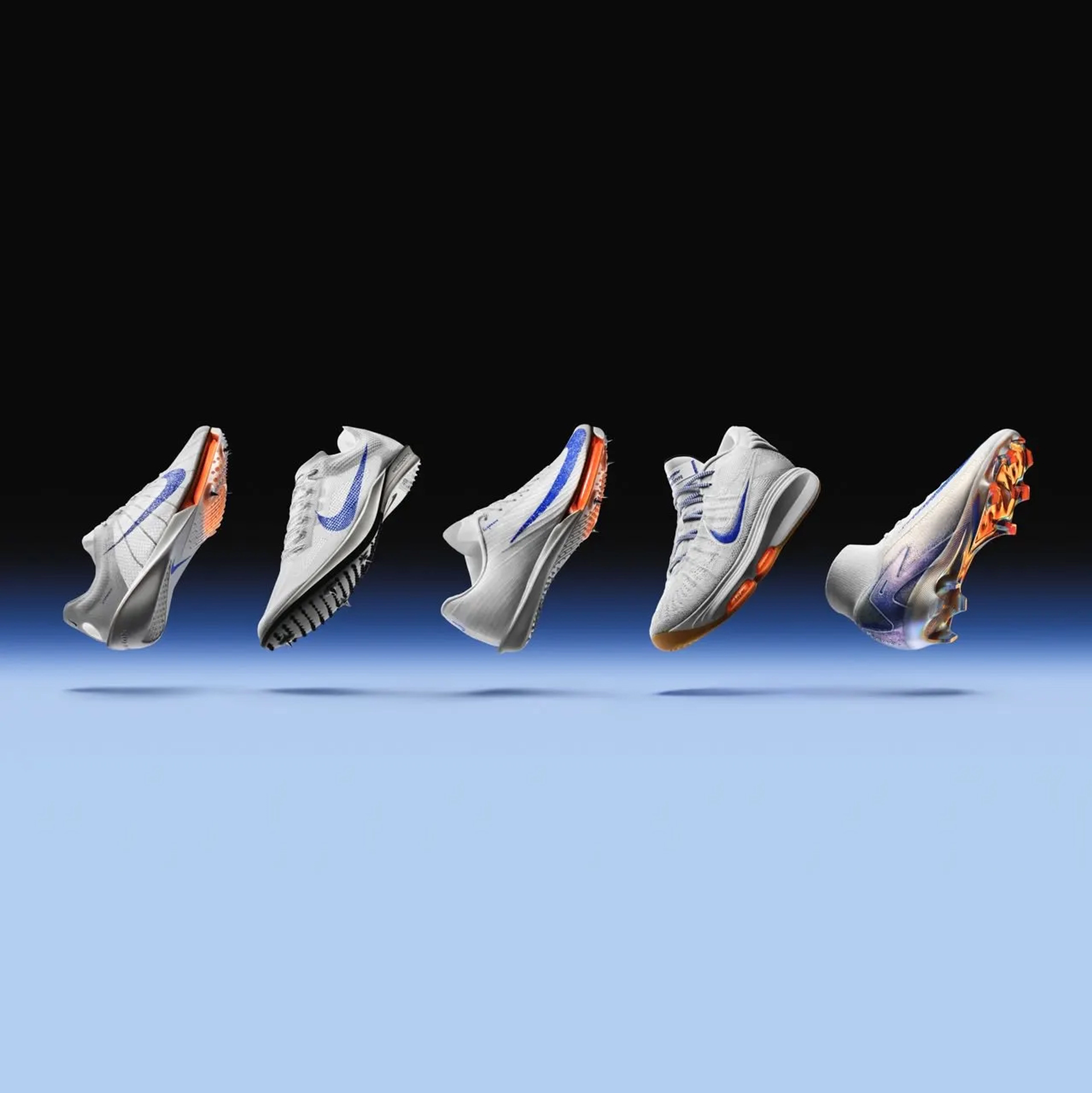 Side view of 5 shoes that feature Nike's proprietary Air technology, including the Nike Alphafly 3, Nike Maxfly 2, Nike Victory 2, Nike G.T. Hustle 3, and the Nike Air Zoom Mercurial. All shoes are shown in the Blueprint colorway, which is a white upper with a speckled blue Swoosh, and orange Air Zoom units. Shoes float above a blue floor, against a black background.