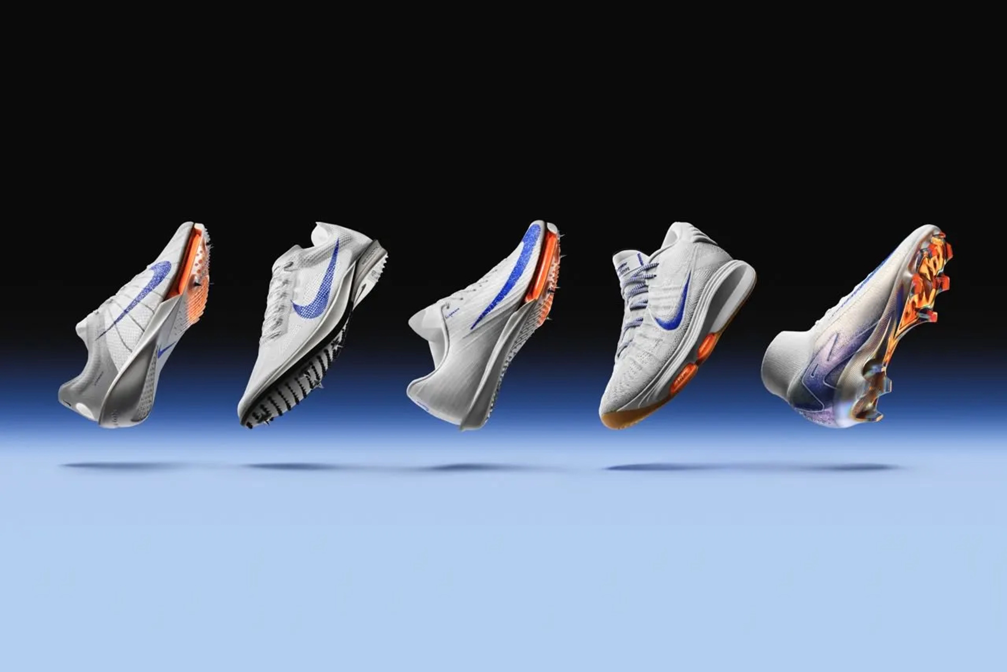 Side view of 5 shoes that feature Nike's proprietary Air technology, including the Nike Alphafly 3, Nike Maxfly 2, Nike Victory 2, Nike G.T. Hustle 3, and the Nike Air Zoom Mercurial. All shoes are shown in the Blueprint colorway, which is a white upper with a speckled blue Swoosh, and orange Air Zoom units. Shoes float above a blue floor, against a black background.
