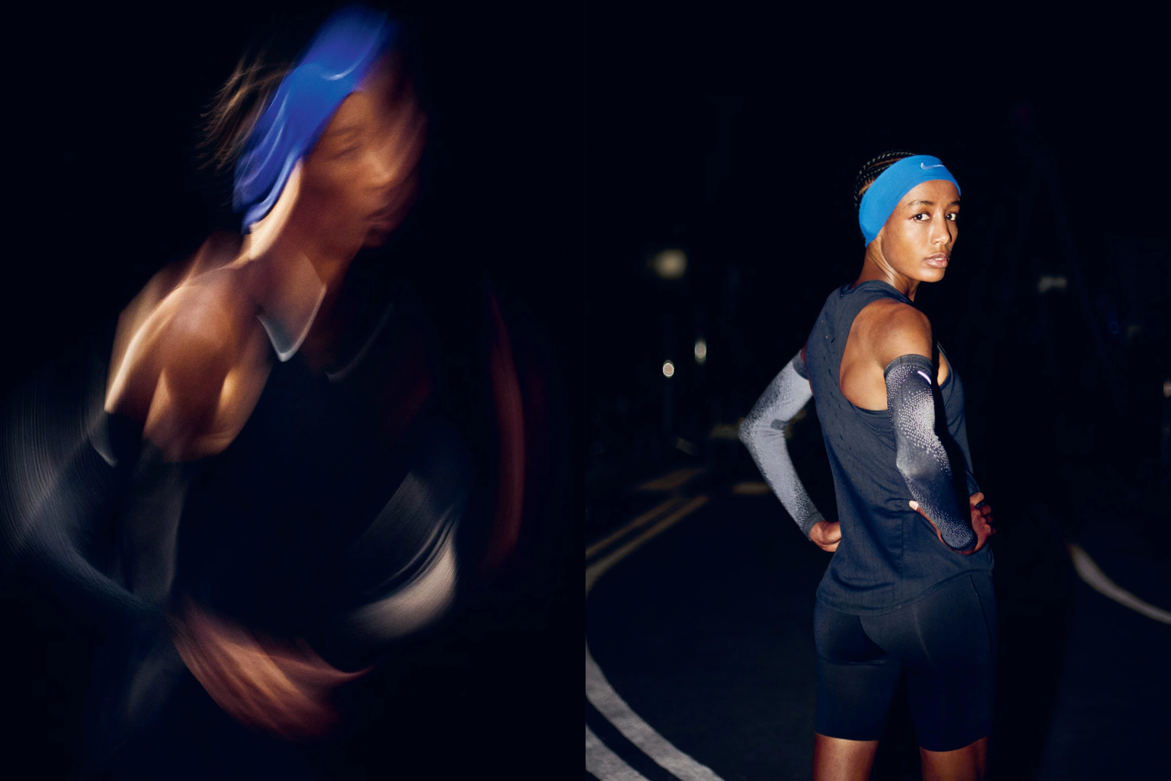 Two nighttime views of Dutch marathoner Sifan Hassan. On the left a blurred rightside view of her upper body with her hands on her hips. On the right a clear view of her looking over her shoulder at the camera with her hands on her hips at an outdoor track.